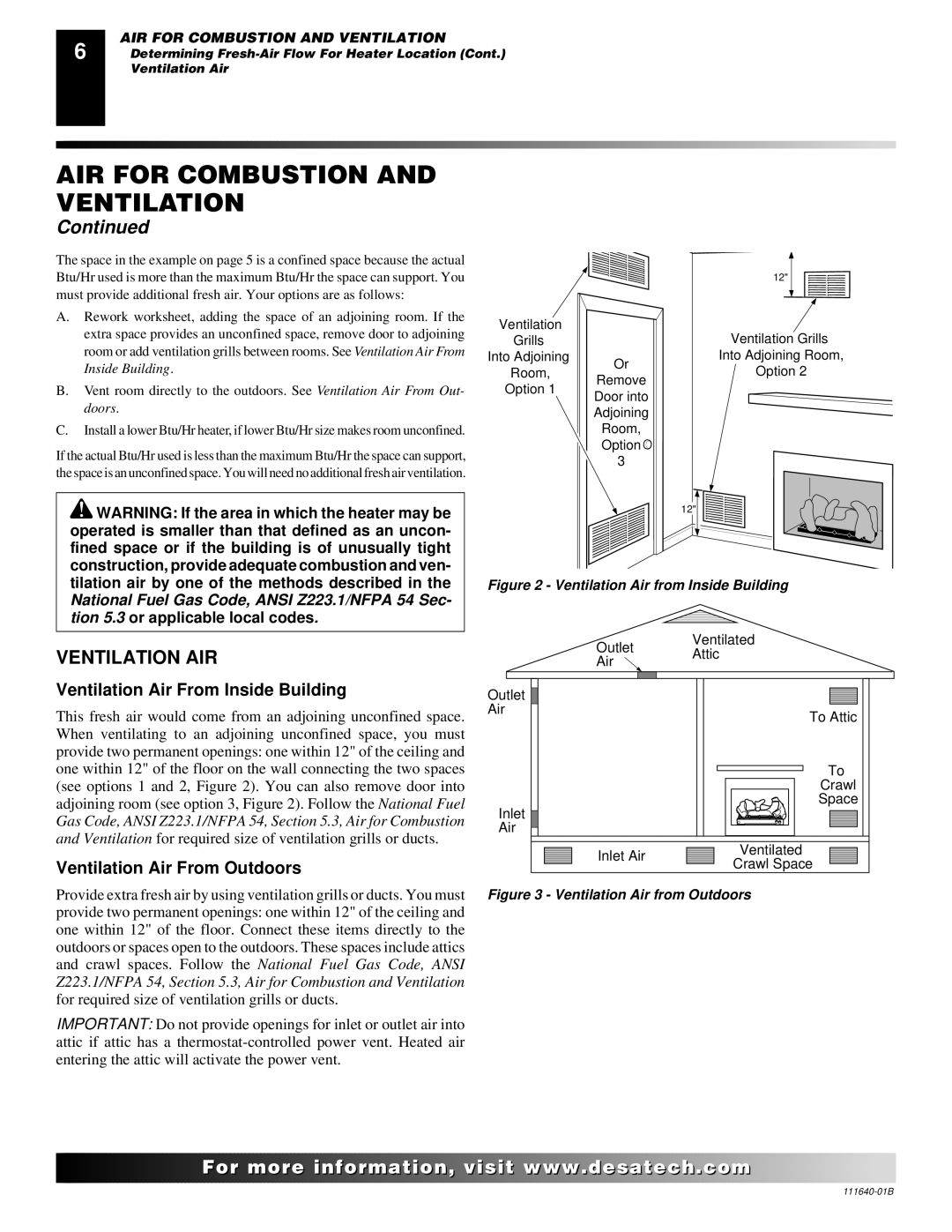 Desa VGL24PR, VGL24NR Ventilation AIR, Ventilation Air From Inside Building, Ventilation Air From Outdoors 