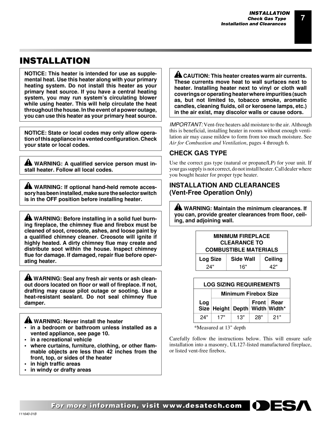 Desa VGL24NR, VGL24PR installation manual Installation, Check GAS Type, Log Size Side Wall Ceiling 