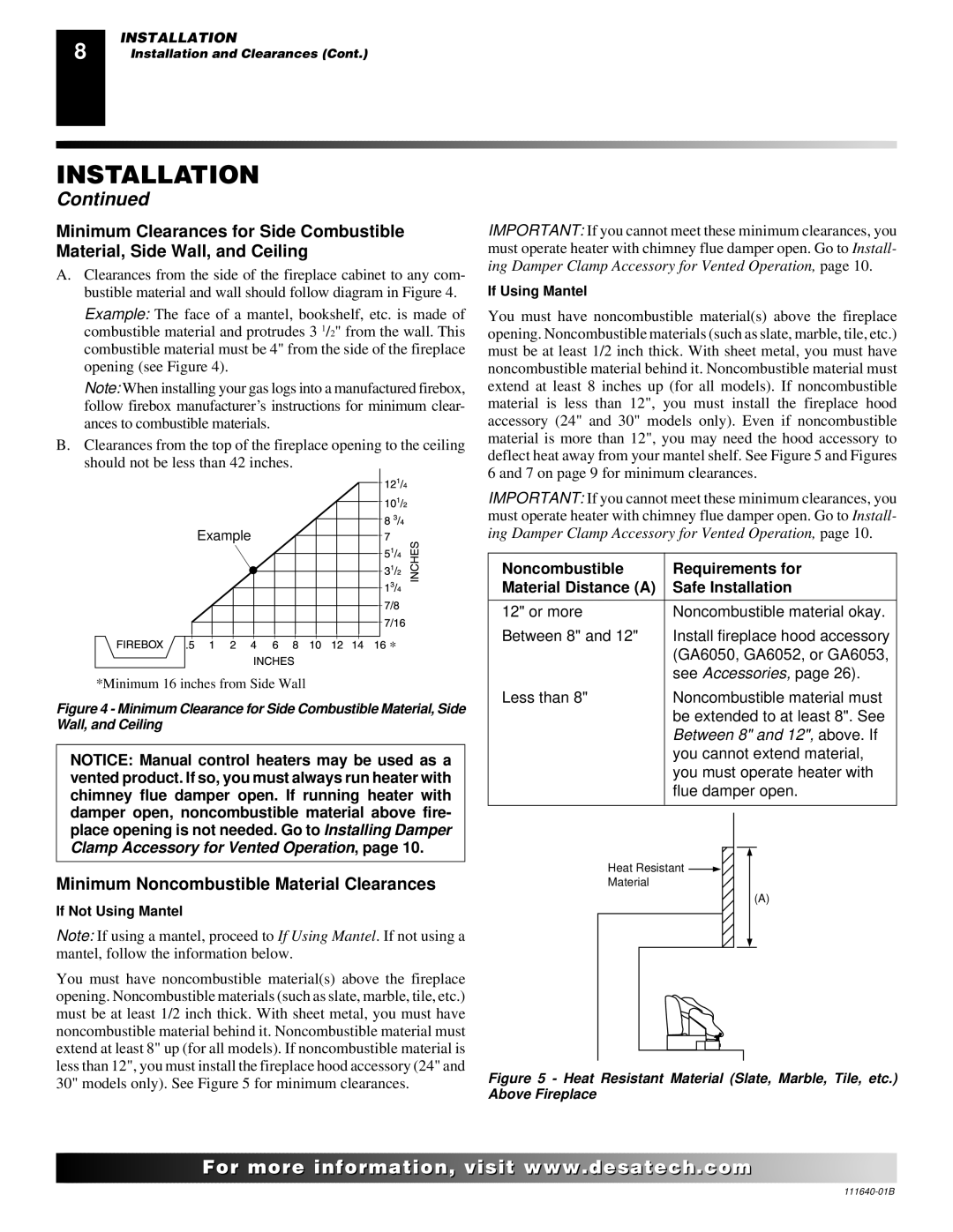 Desa VGL24PR, VGL24NR installation manual Minimum Noncombustible Material Clearances, If Not Using Mantel 