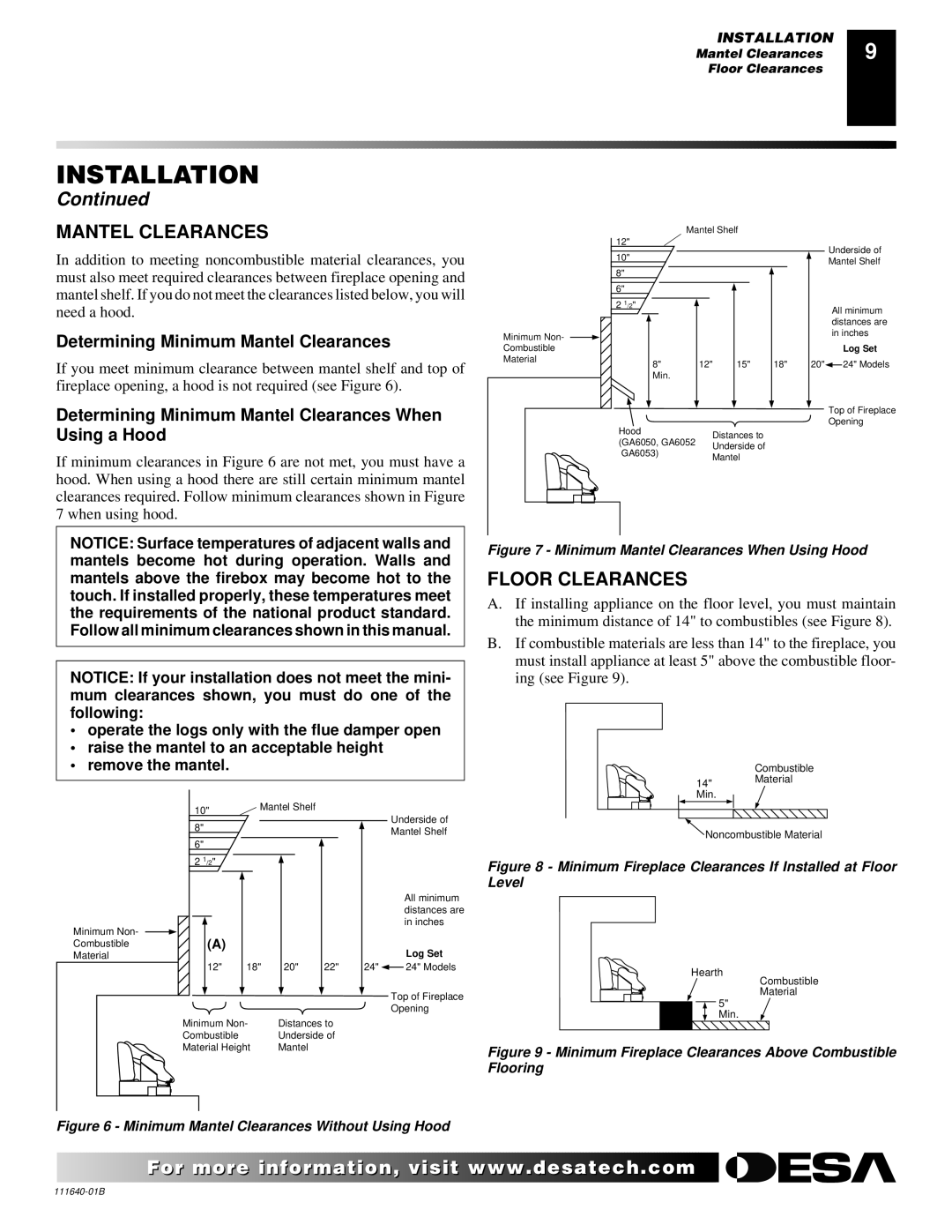 Desa VGL24NR, VGL24PR installation manual Floor Clearances, Determining Minimum Mantel Clearances 