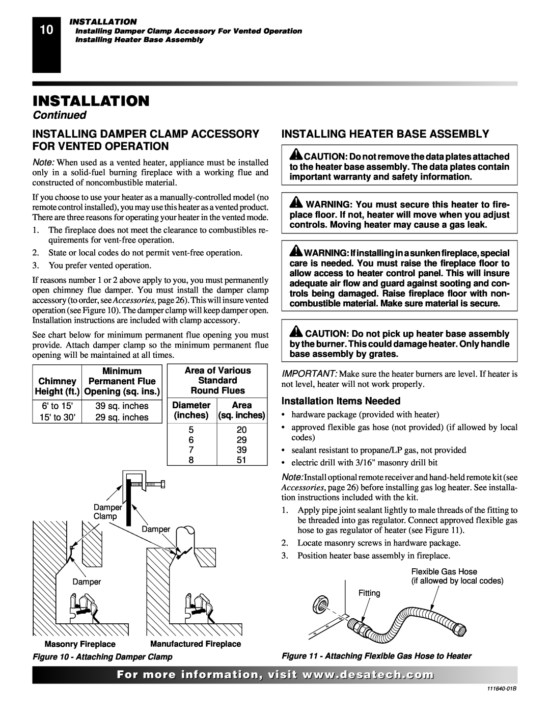 Desa VGL24PR, VGL24NR installation manual Installing Heater Base Assembly, visit, Installation, Continued 
