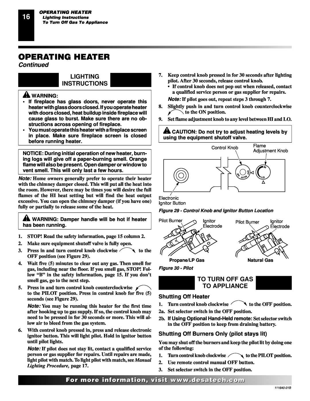 Desa VGL24PR, VGL24NR installation manual Lighting Instructions, To Turn Off Gas To Appliance, Operating Heater, Continued 