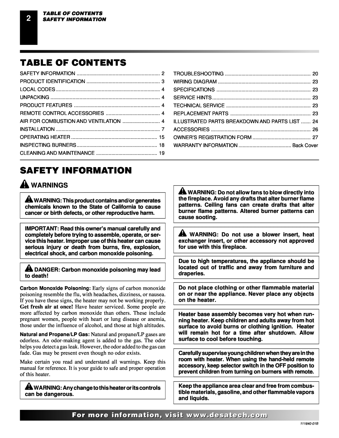 Desa VGL24PR, VGL24NR installation manual Table Of Contents, Safety Information, Warnings 