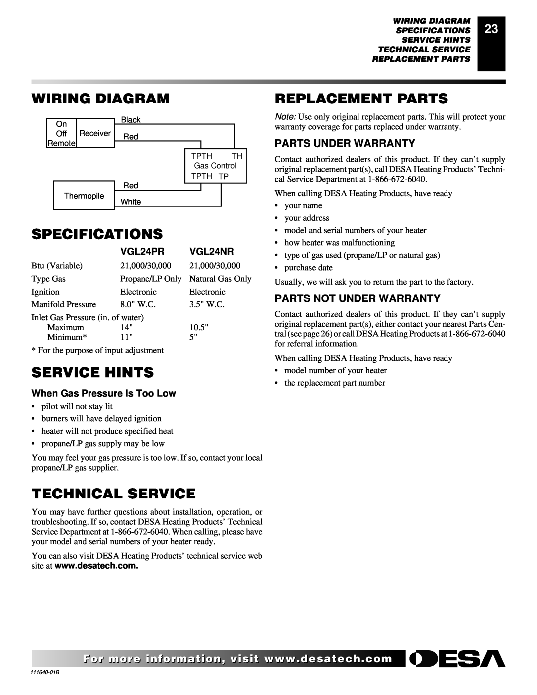 Desa VGL24NR Wiring Diagram, Replacement Parts, Specifications, Service Hints, Technical Service, Parts Under Warranty 