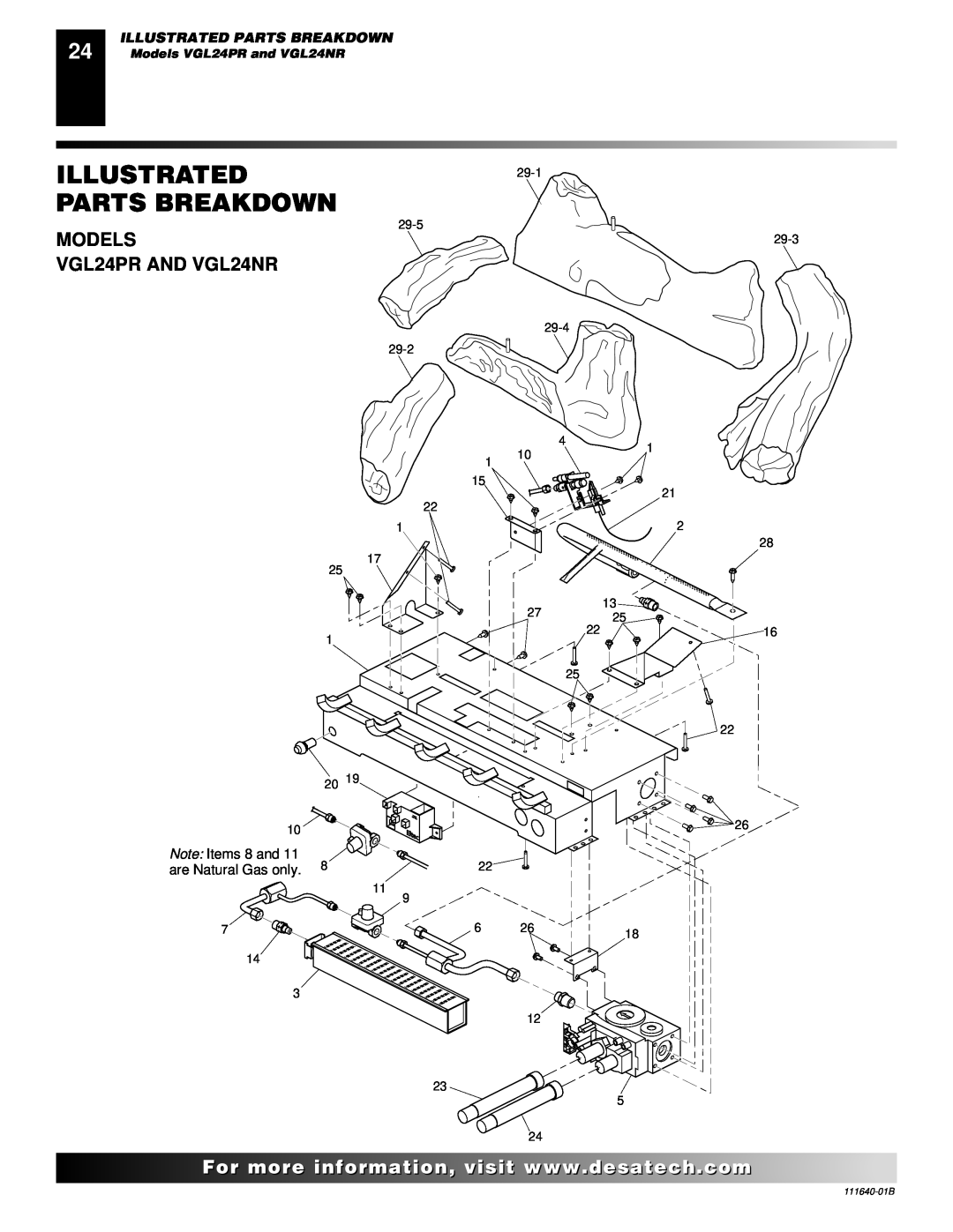 Desa installation manual Illustrated Parts Breakdown, MODELS VGL24PR AND VGL24NR, Models VGL24PR and VGL24NR 