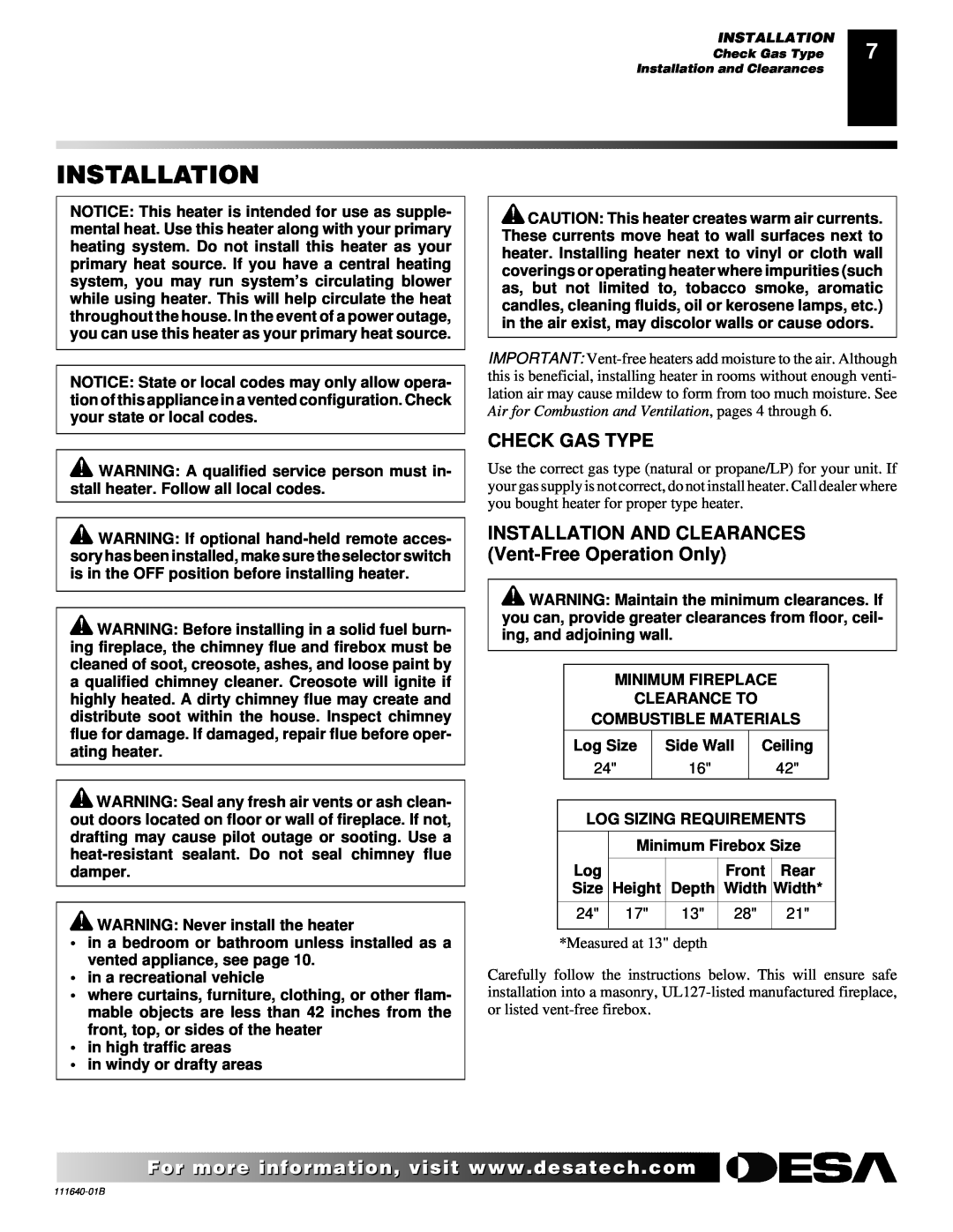 Desa VGL24NR, VGL24PR installation manual Installation, Check Gas Type 