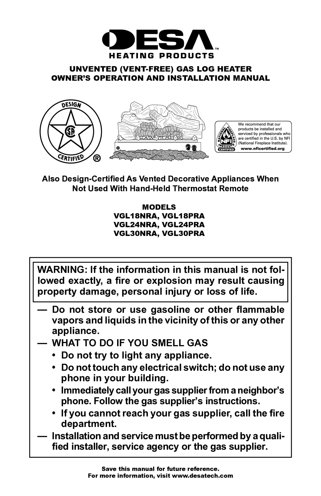 Desa VGL18NRA, VGL30PRA installation manual What to do if YOU Smell GAS 