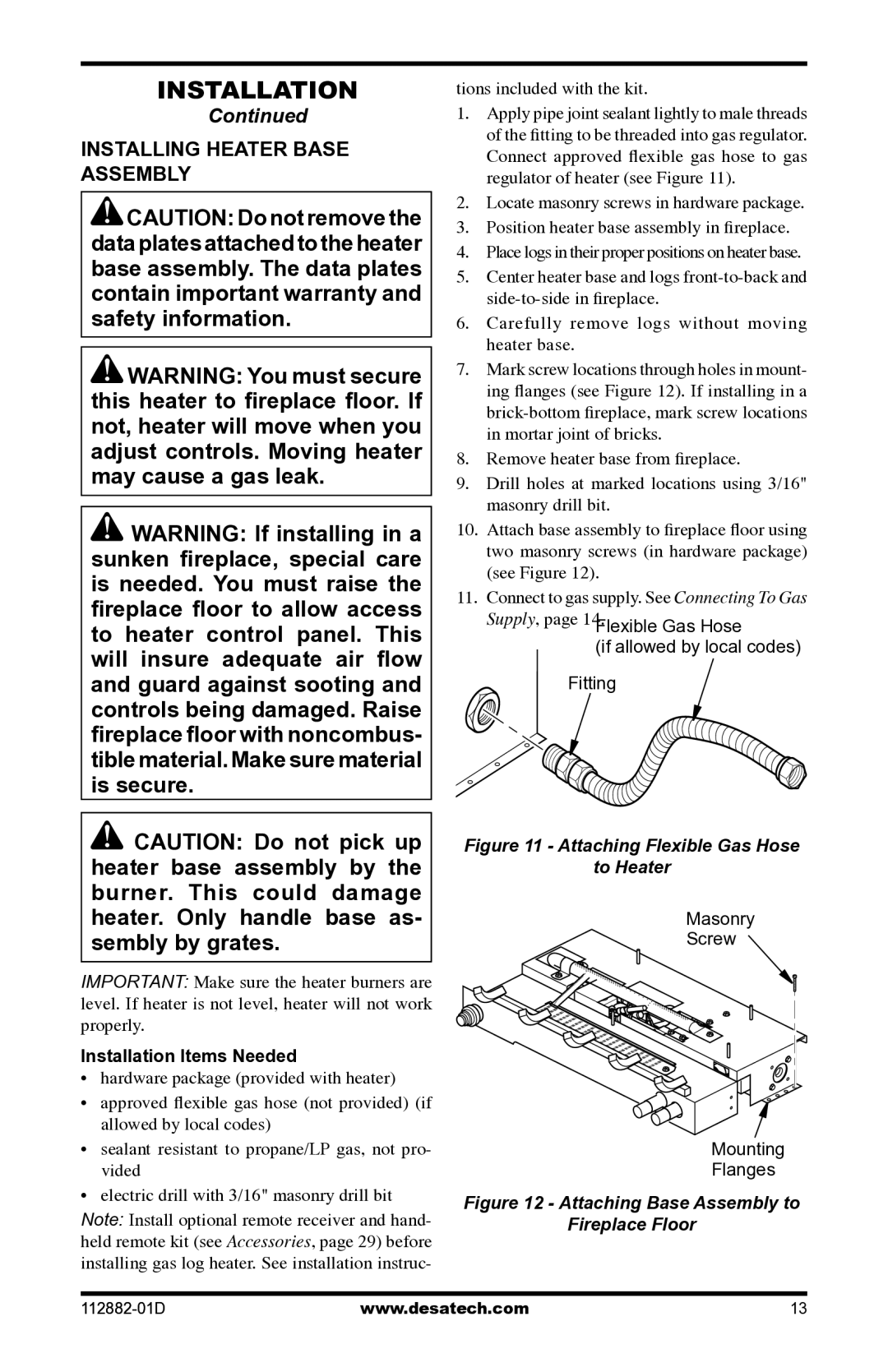 Desa VGL18NRA, VGL30PRA Installing Heater Base Assembly, Flexible Gas Hose If allowed by local codes Fitting 