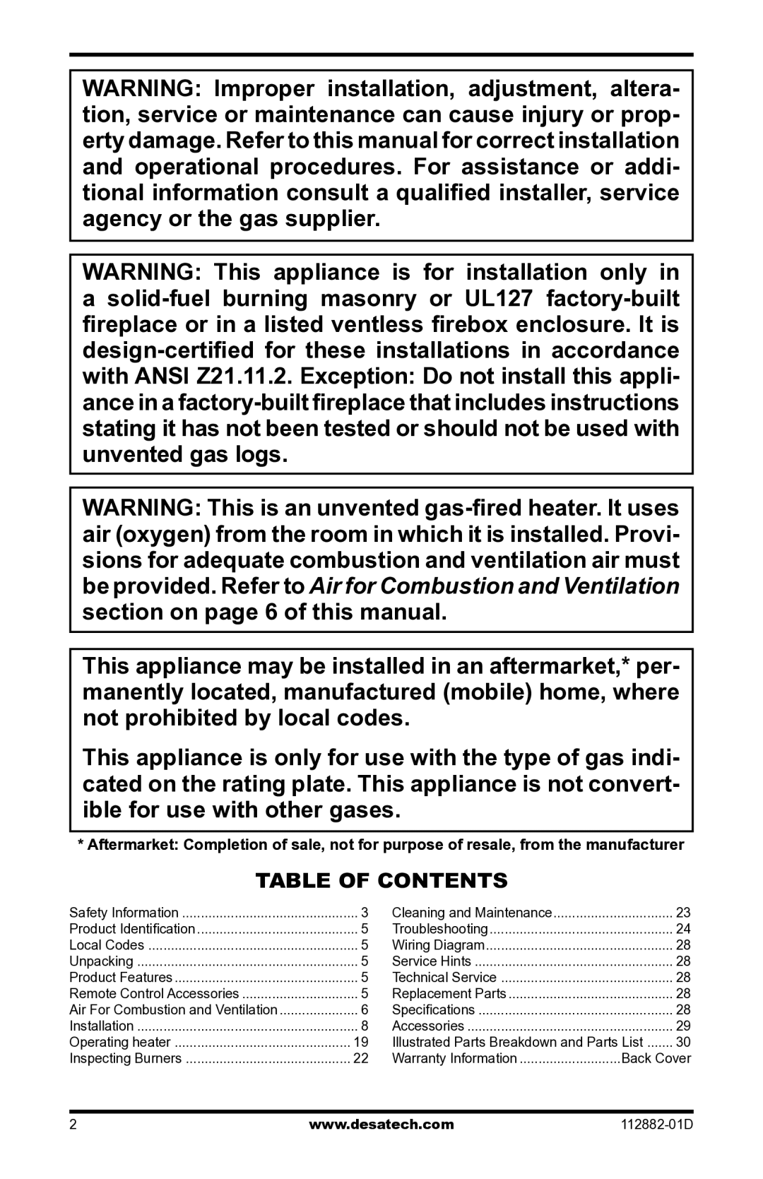 Desa VGL18NRA, VGL18PRA, VGL24NRA, VGL24PRA, VGL30NRA, VGL30PRA installation manual Table of Contents 