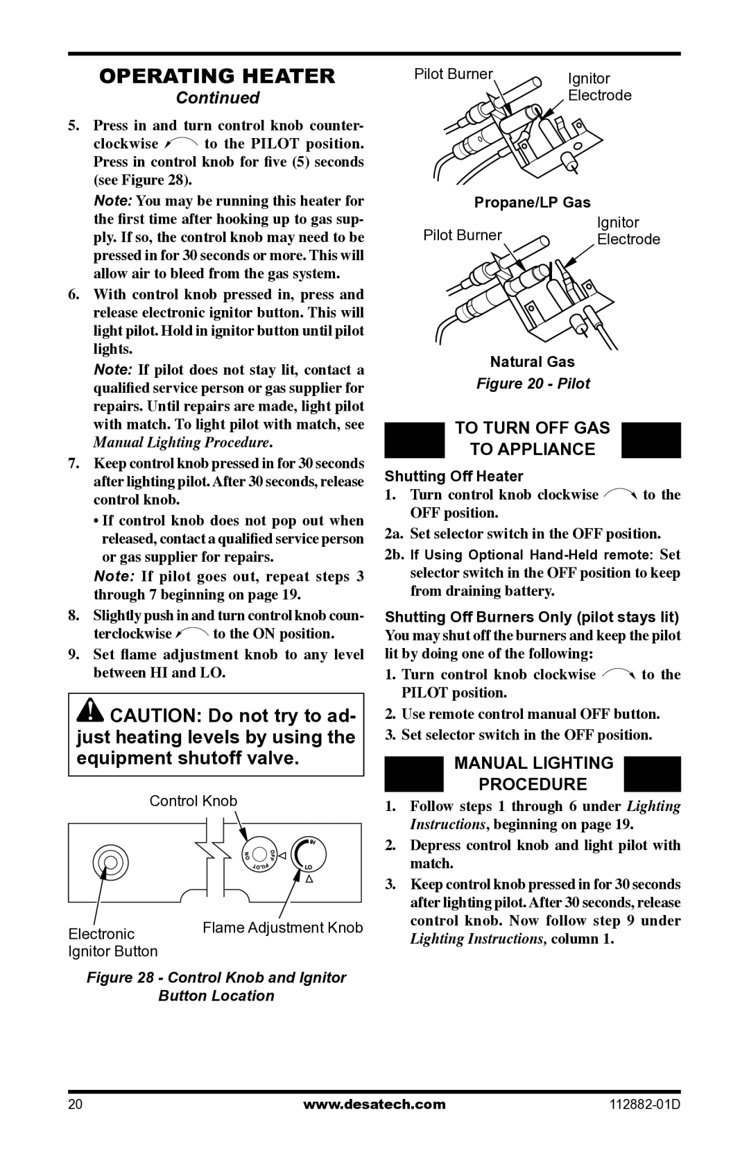 Desa VGL18NRA, VGL18PRA, VGL24NRA, VGL24PRA, VGL30NRA, VGL30PRA To Turn OFF GAS To Appliance, Manual Lighting Procedure 