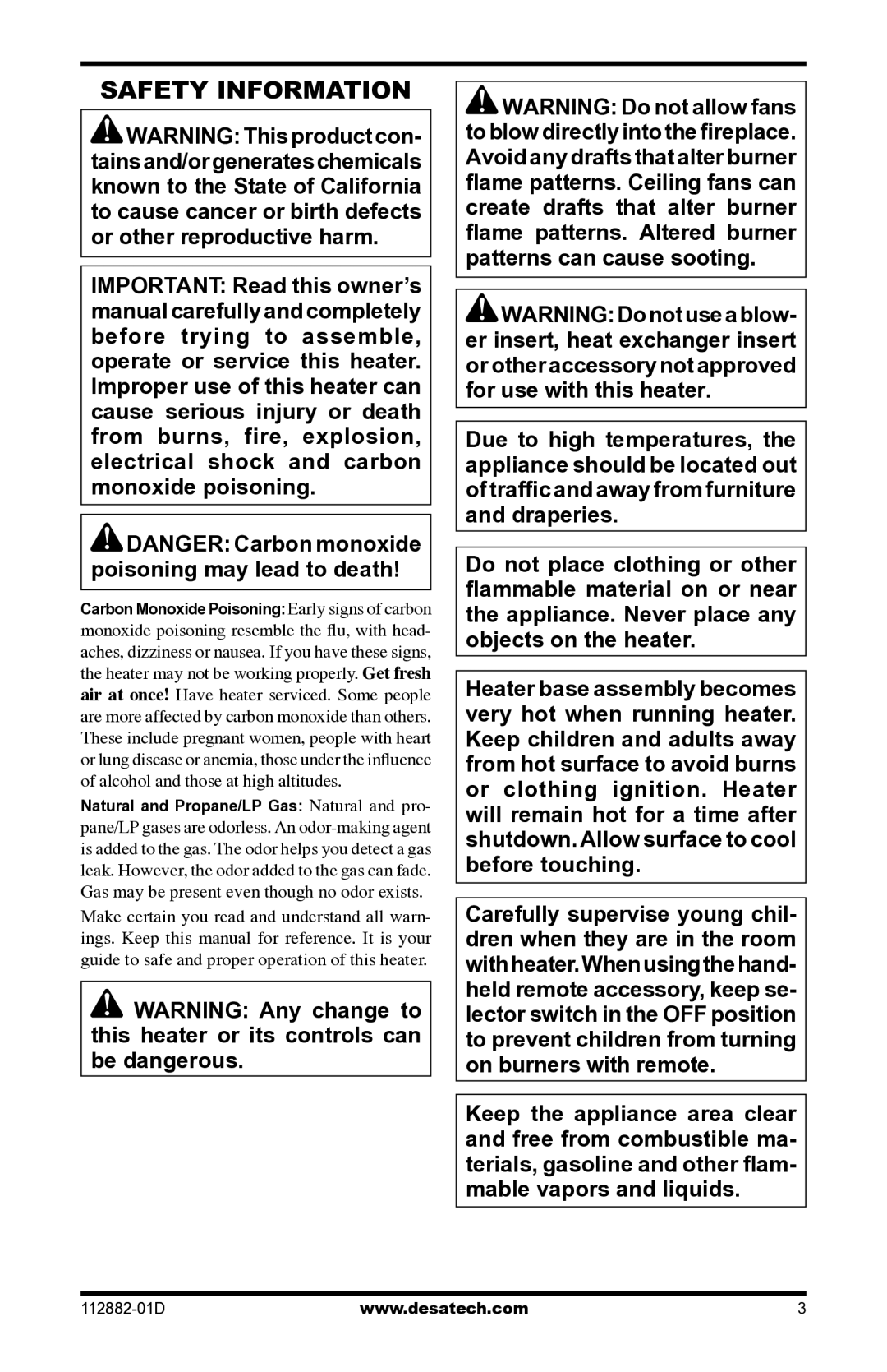 Desa VGL18NRA, VGL18PRA, VGL24NRA, VGL24PRA, VGL30NRA, VGL30PRA installation manual Safety Information 