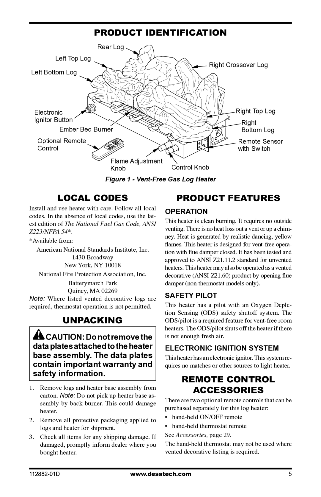 Desa VGL18NRA, VGL18PRA, VGL24NRA, VGL24PRA, VGL30NRA, VGL30PRA Product Identification, Local Codes, Unpacking 