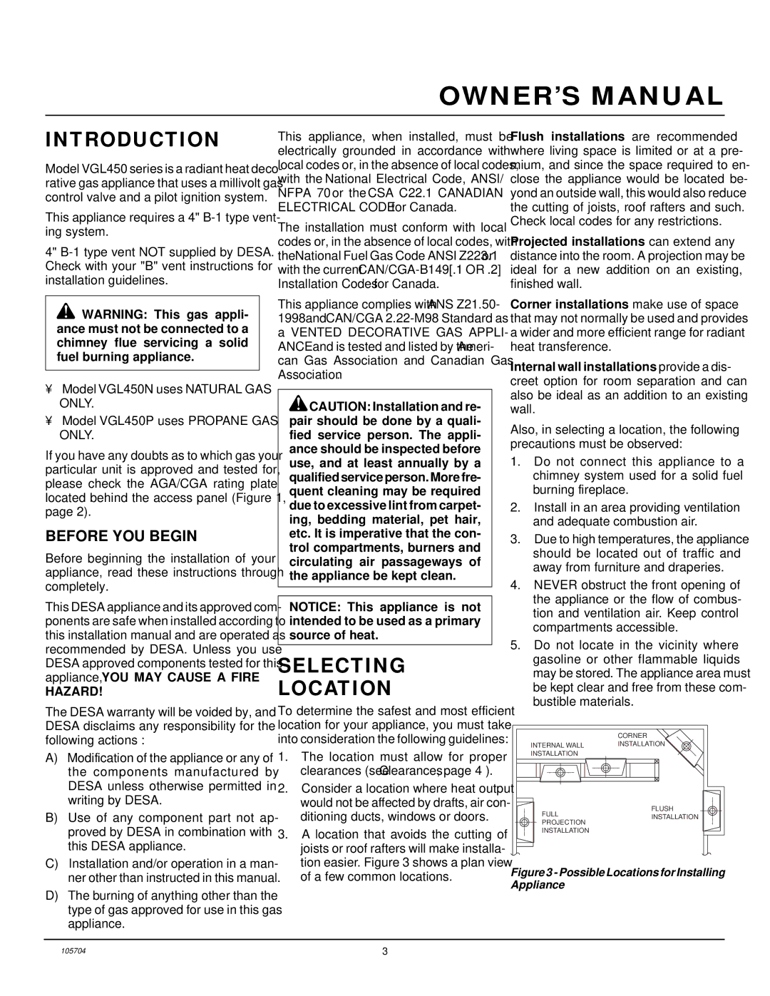 Desa VGL450N, VGL450P installation manual Introduction, Selecting Location, Before YOU Begin 