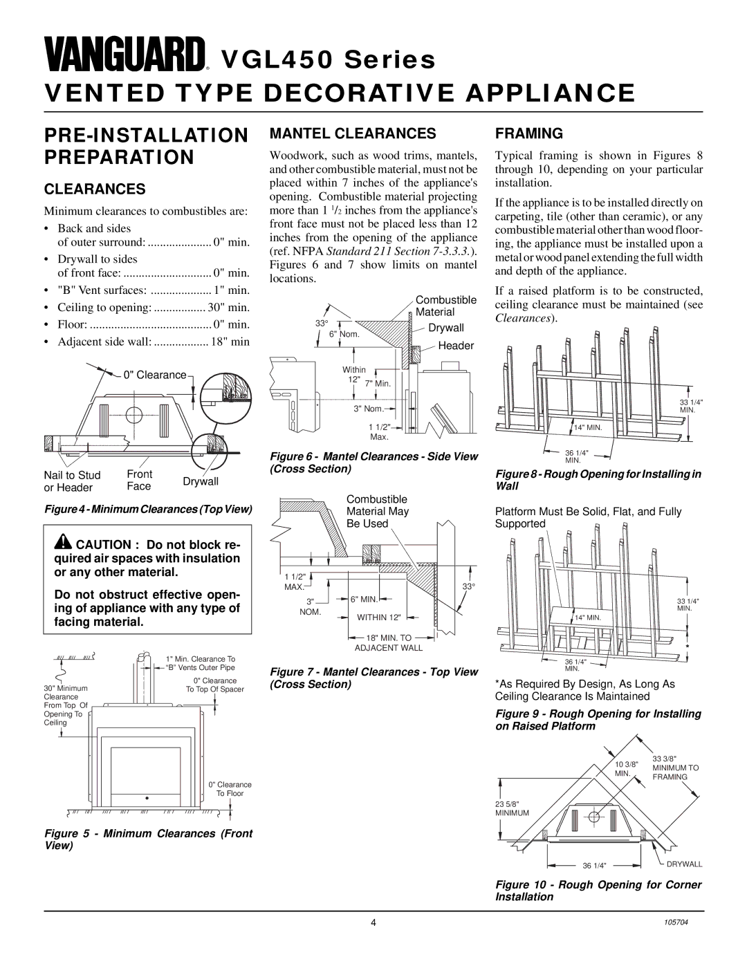 Desa VGL450P, VGL450N installation manual PRE-INSTALLATION Preparation, Mantel Clearances, Framing 