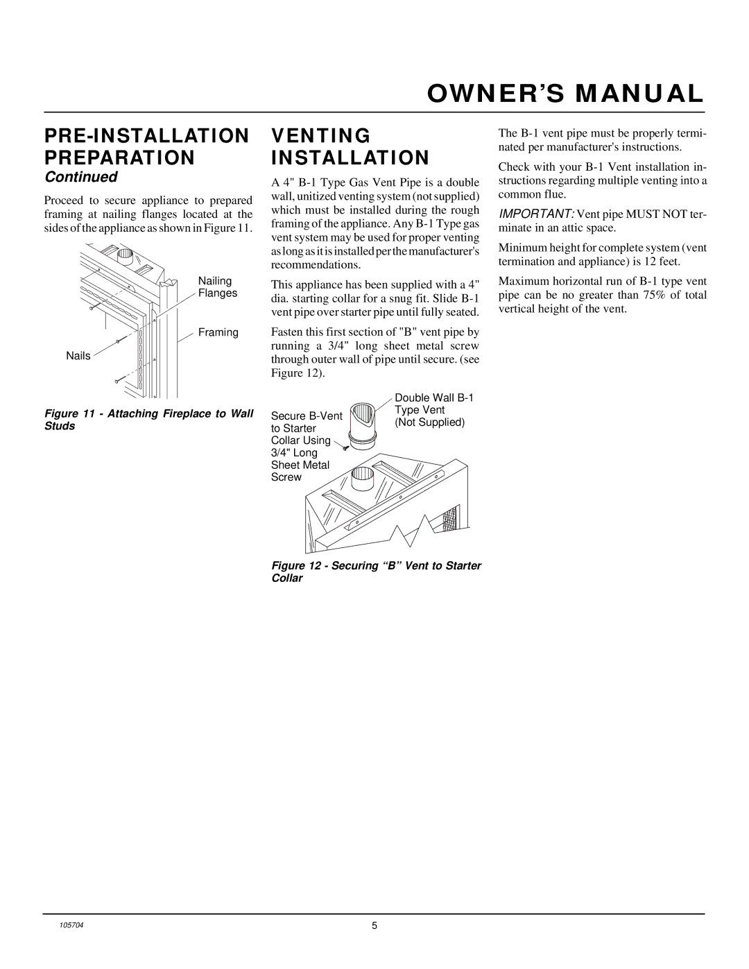 Desa VGL450N, VGL450P installation manual Venting Installation, Attaching Fireplace to Wall Studs 