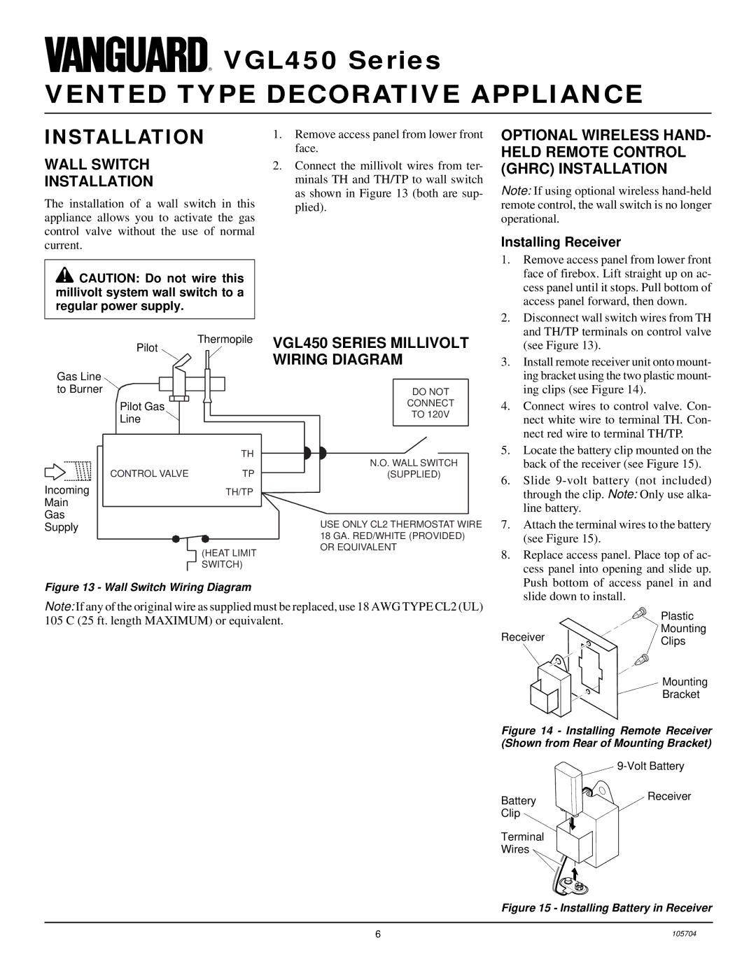 Desa VGL450P, VGL450N Wall Switch Installation, VGL450 Series Millivolt, Wiring Diagram, Installing Receiver 