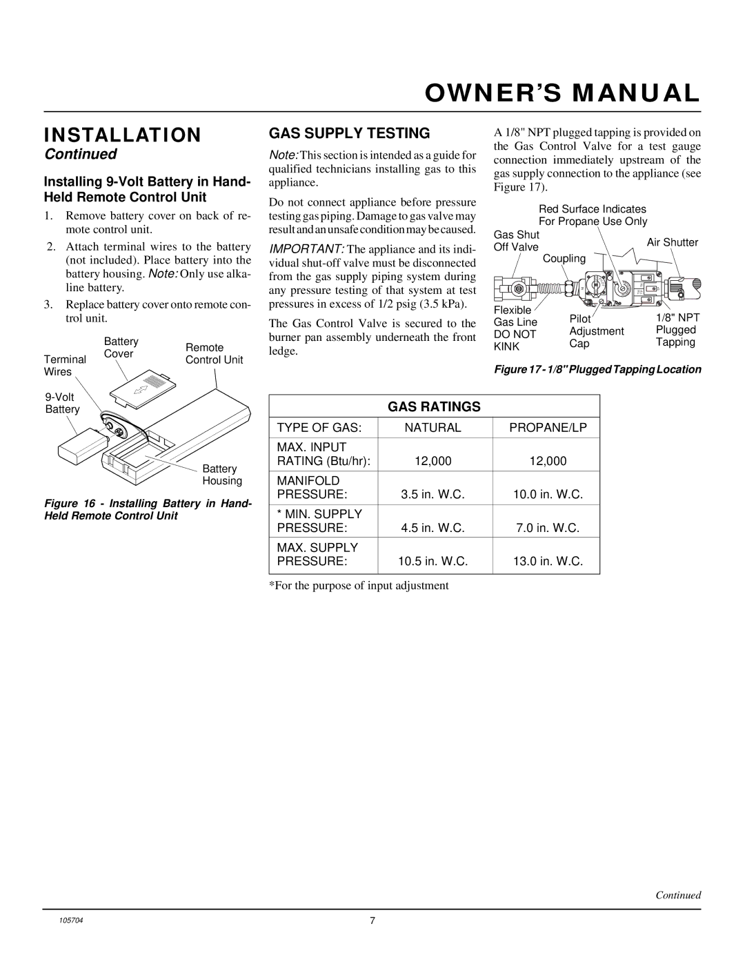 Desa VGL450N, VGL450P GAS Supply Testing, Installing 9-Volt Battery in Hand- Held Remote Control Unit, GAS Ratings 