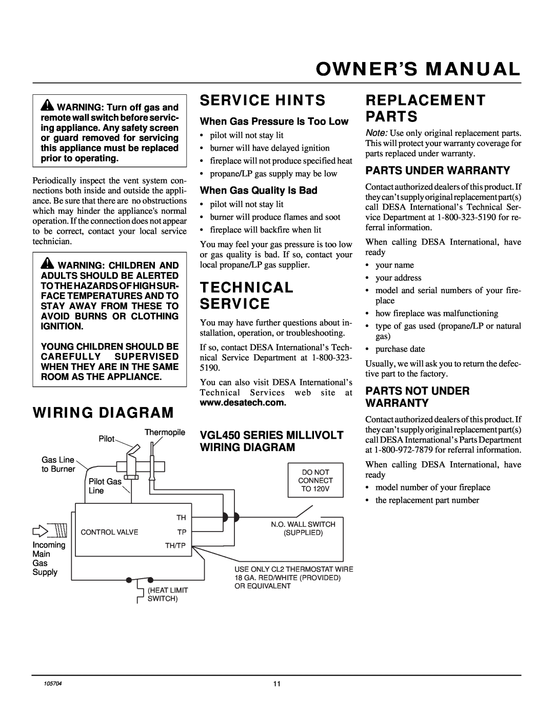 Desa VGL450N, VGL450P Wiring Diagram, Service Hints, Technical Service, Replacement Parts, Parts Under Warranty 