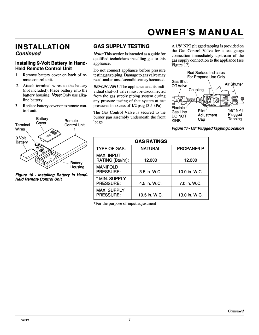 Desa VGL450N, VGL450P installation manual Gas Supply Testing, Gas Ratings, Installation, Continued 