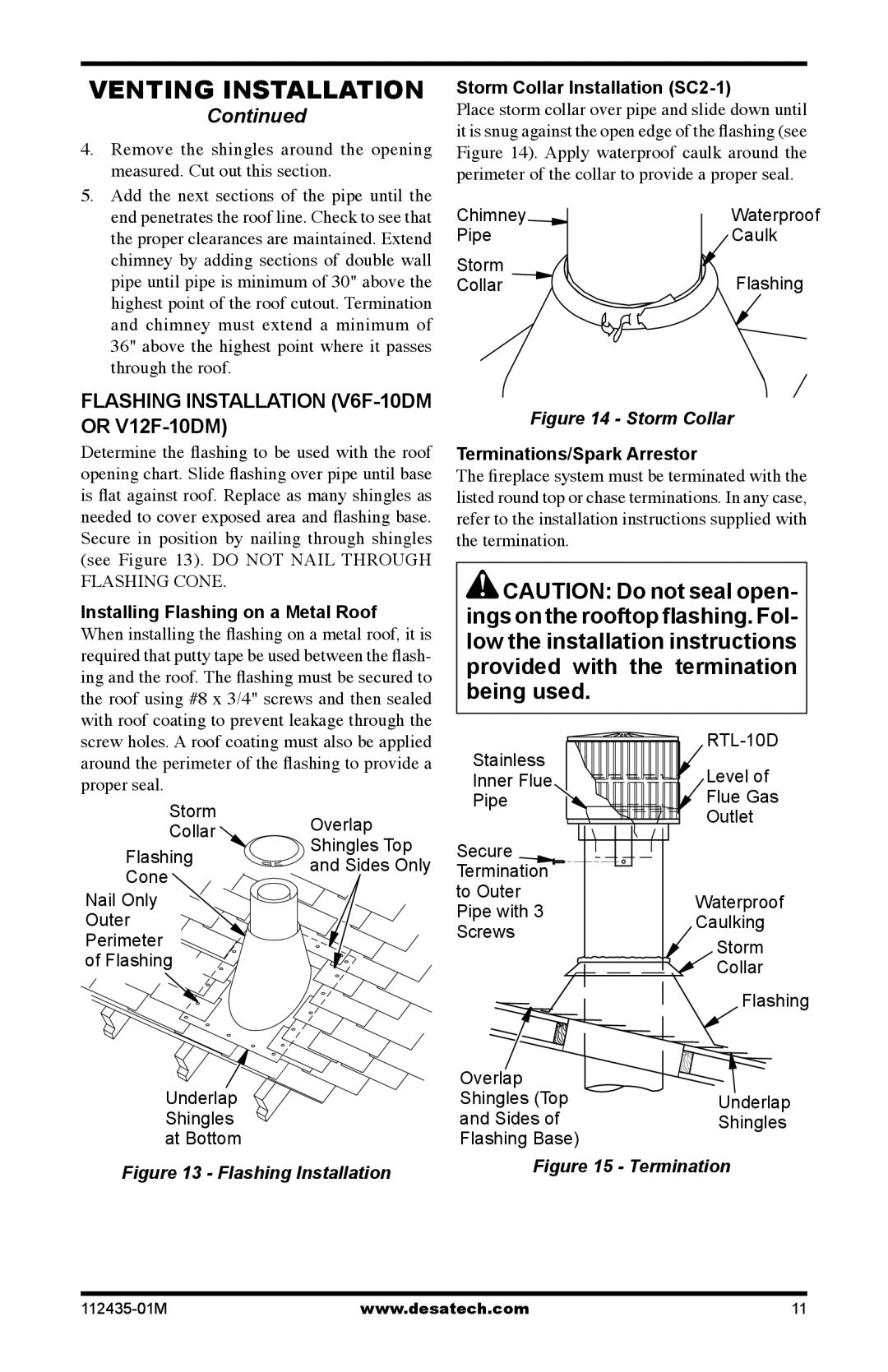 Desa (V)gM36h Flashing installation v6f-10dm or v12f-10dm, Storm Collar Installation SC2-1, Terminations/Spark Arrestor 