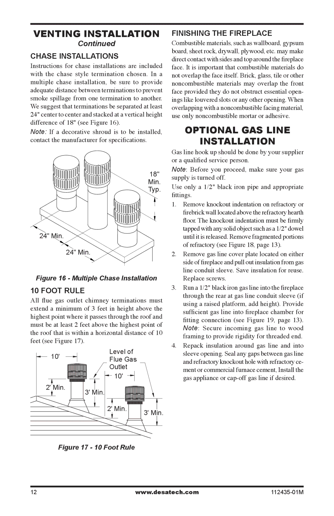 Desa (V)gM42h, (V)gM50h Optional Gas Line Installation, Chase installations, Foot rule, Finishing the fireplace 