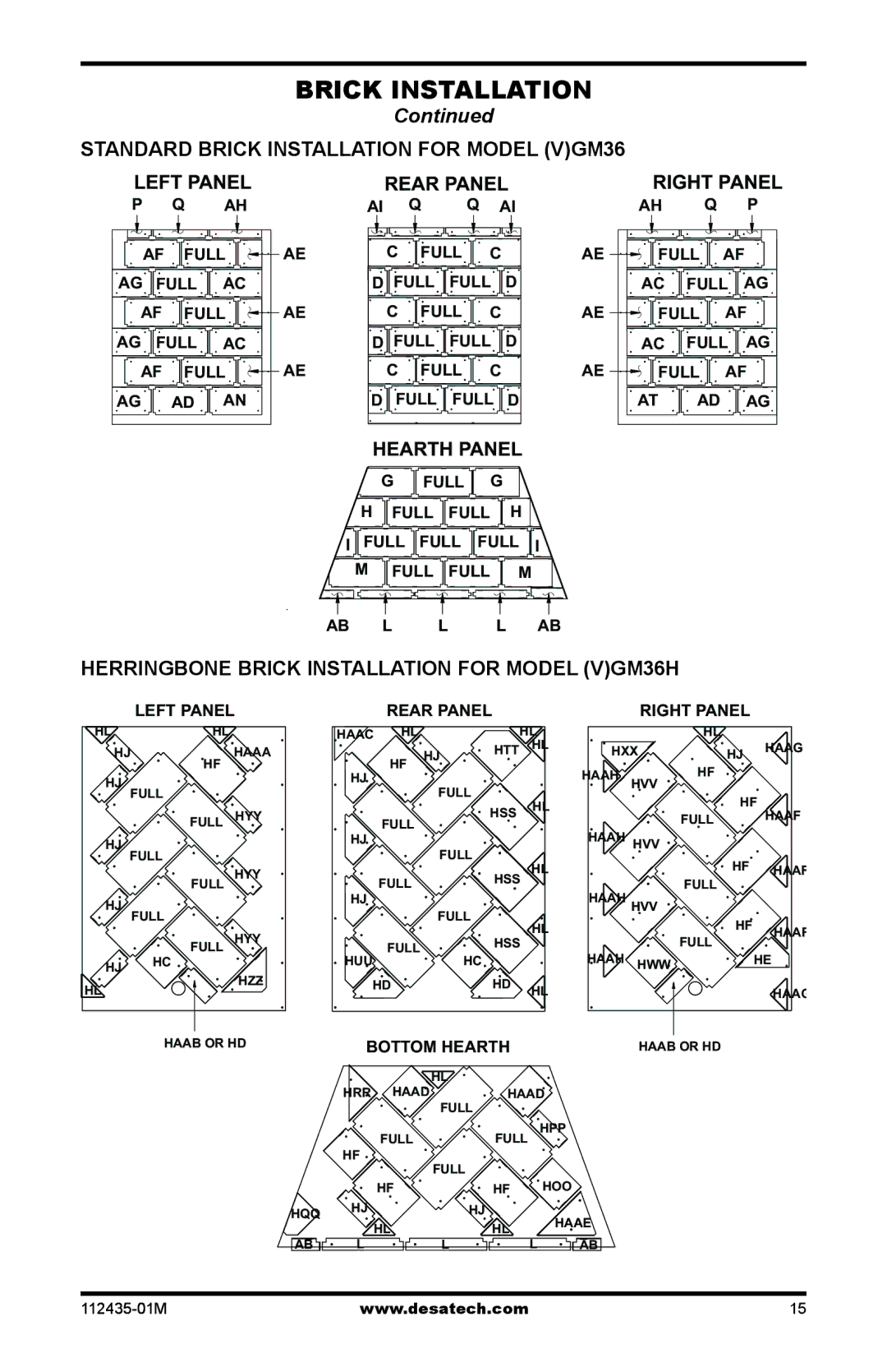 Desa (V)gM50h, (V)gM42 Standard Brick Installation for Model VGM36, Herringbone Brick Installation for Model VGM36H 