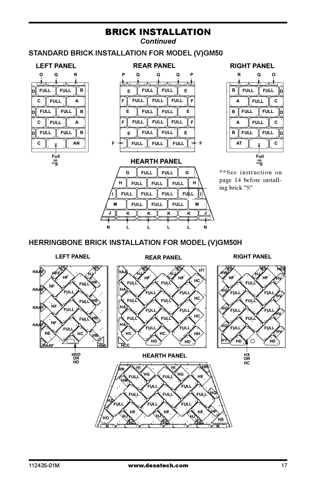 Desa (V)gM36h, (V)gM42 Standard Brick Installation for Model VGM50, Herringbone Brick Installation for Model VGM50H 