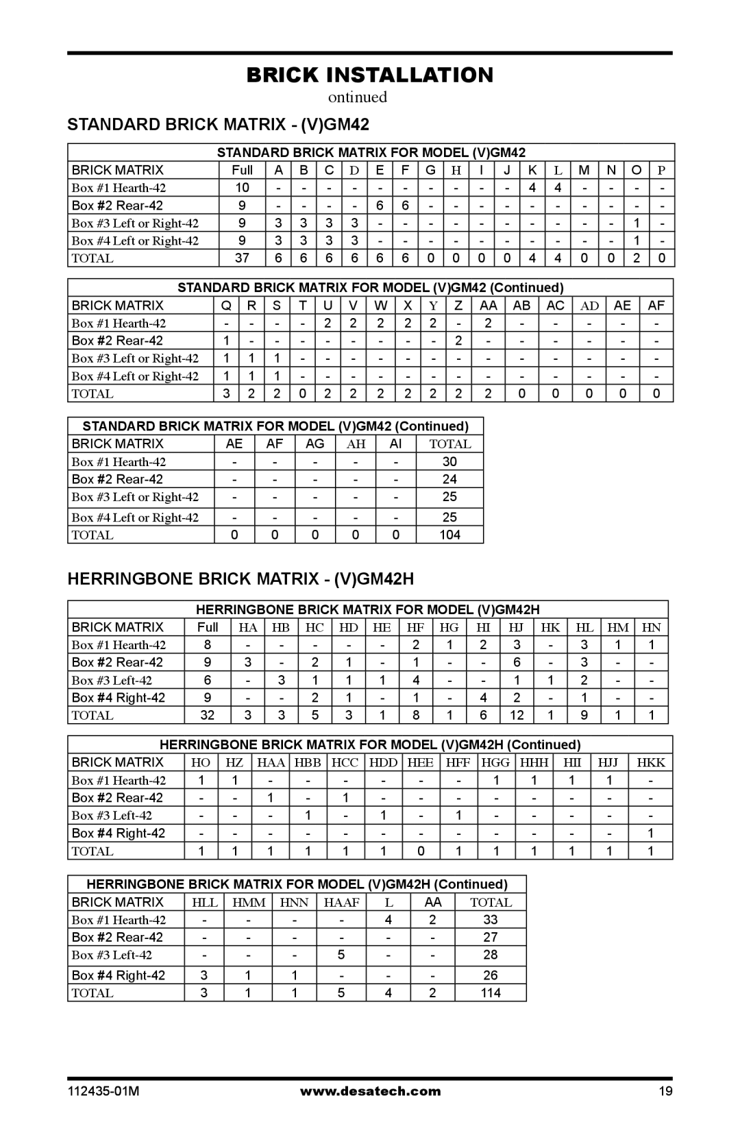 Desa (V)gM42h, (V)gM50h, (V)gM36h installation manual Standard Brick Matrix VGM42, Herringbone Brick Matrix VGM42H 