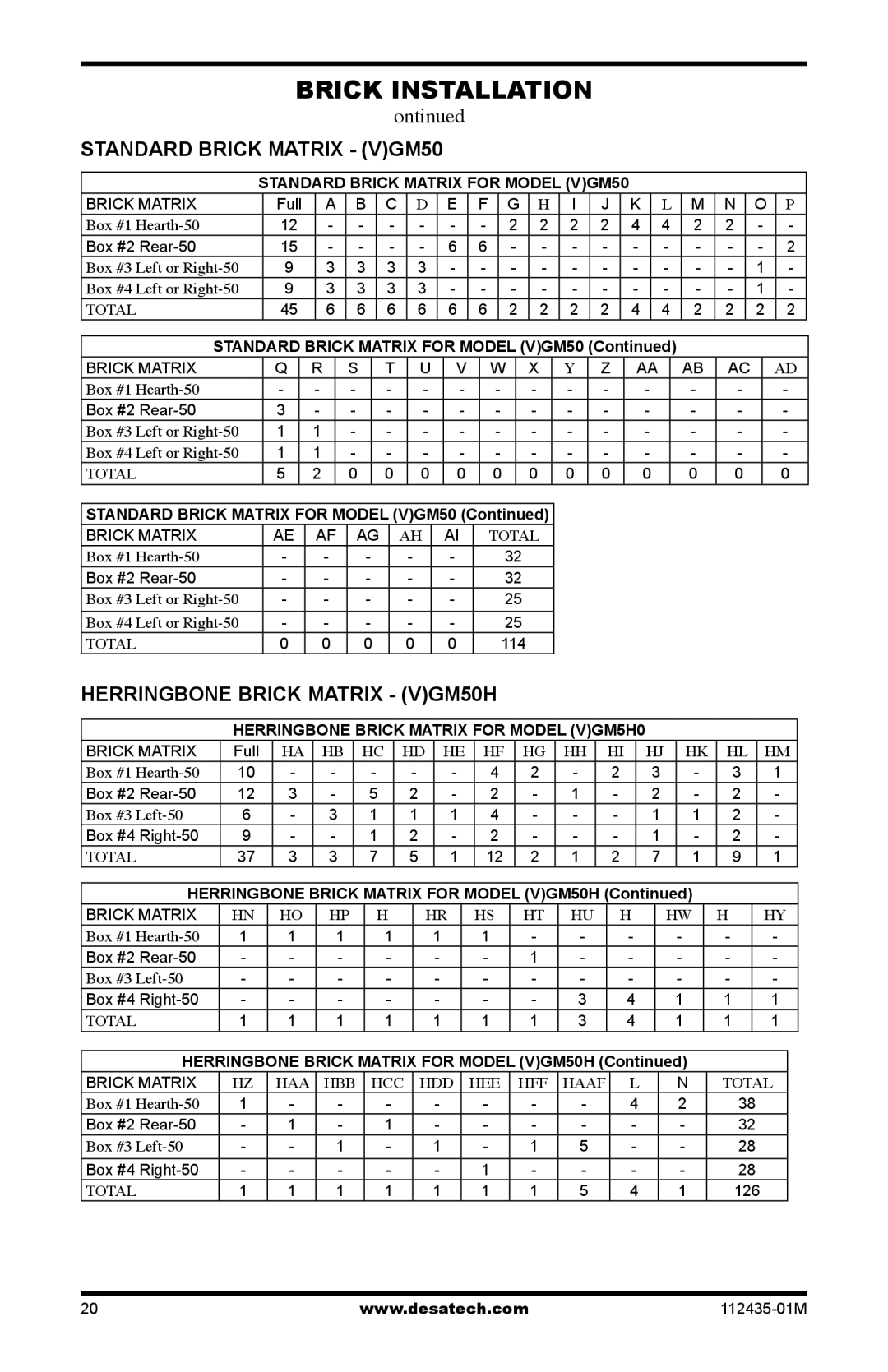 Desa (V)gM42h, (V)gM50h, (V)gM36h installation manual Standard Brick Matrix VGM50, Herringbone Brick Matrix VGM50H 