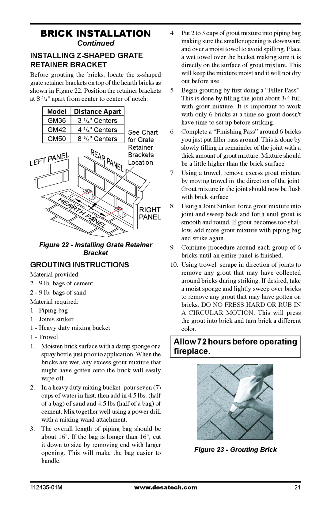 Desa (V)gM50h, (V)gM42h, (V)gM36 Installing Z-shaped Grate Retainer Bracket, Grouting instructions, Model Distance Apart 