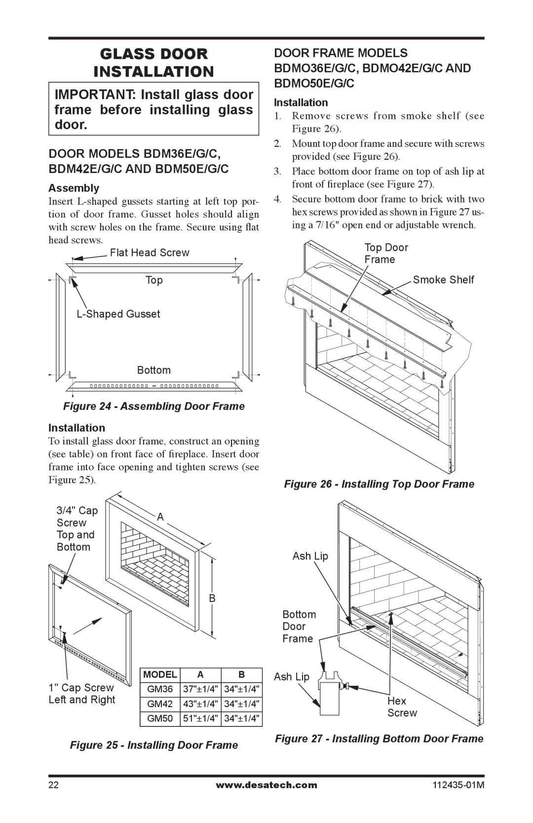 Desa (V)gM36, (V)gM42 Glass Door Installation, Door frame Models BDMO36E/G/C, BDMO42E/G/C and BDMO50E/G/C, Assembly 