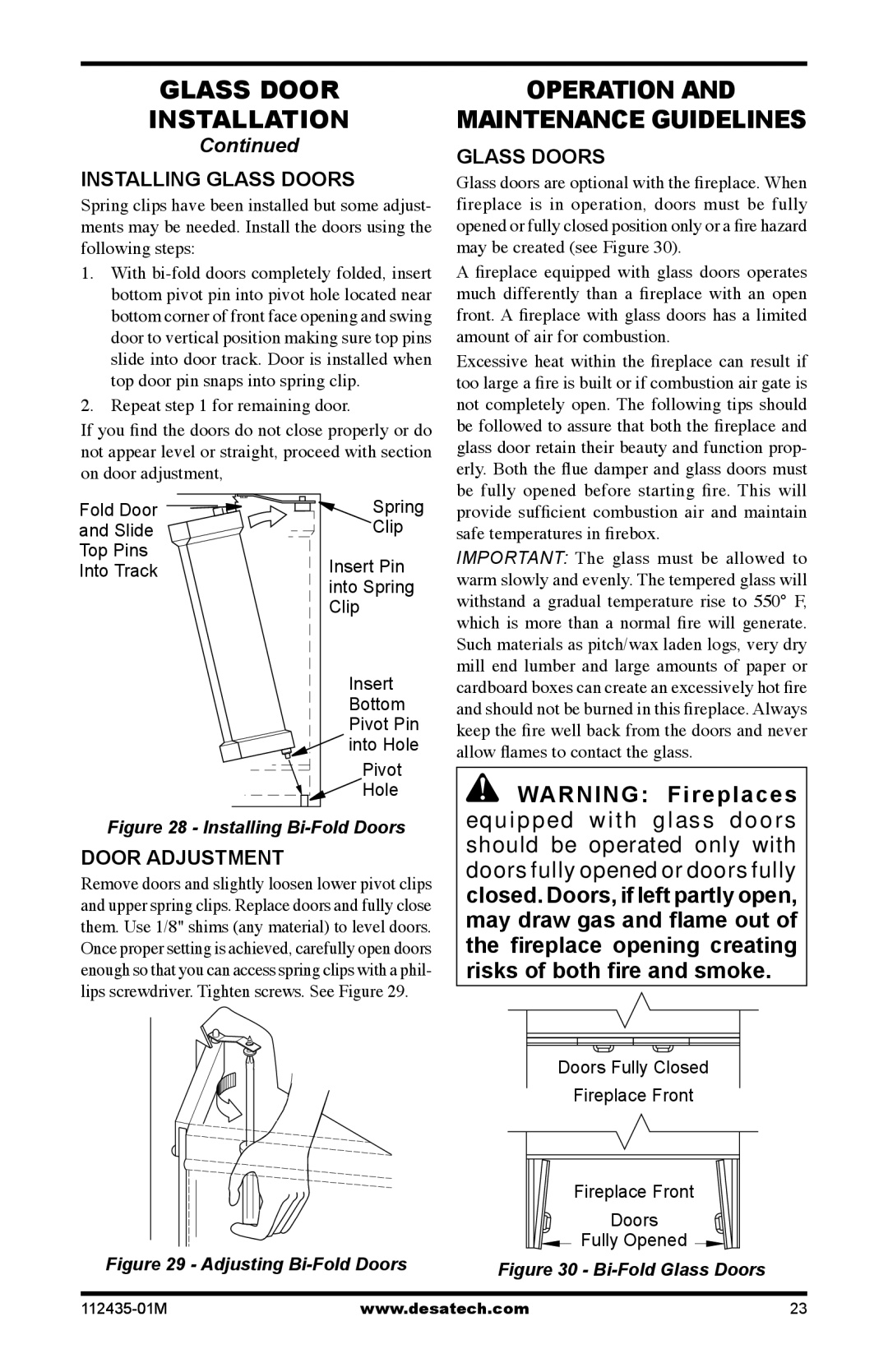 Desa (V)gM36h, (V)gM42h, (V)gM50 Operation Maintenance Guidelines, Installing glass doors, Door Adjustment, Glass Doors 