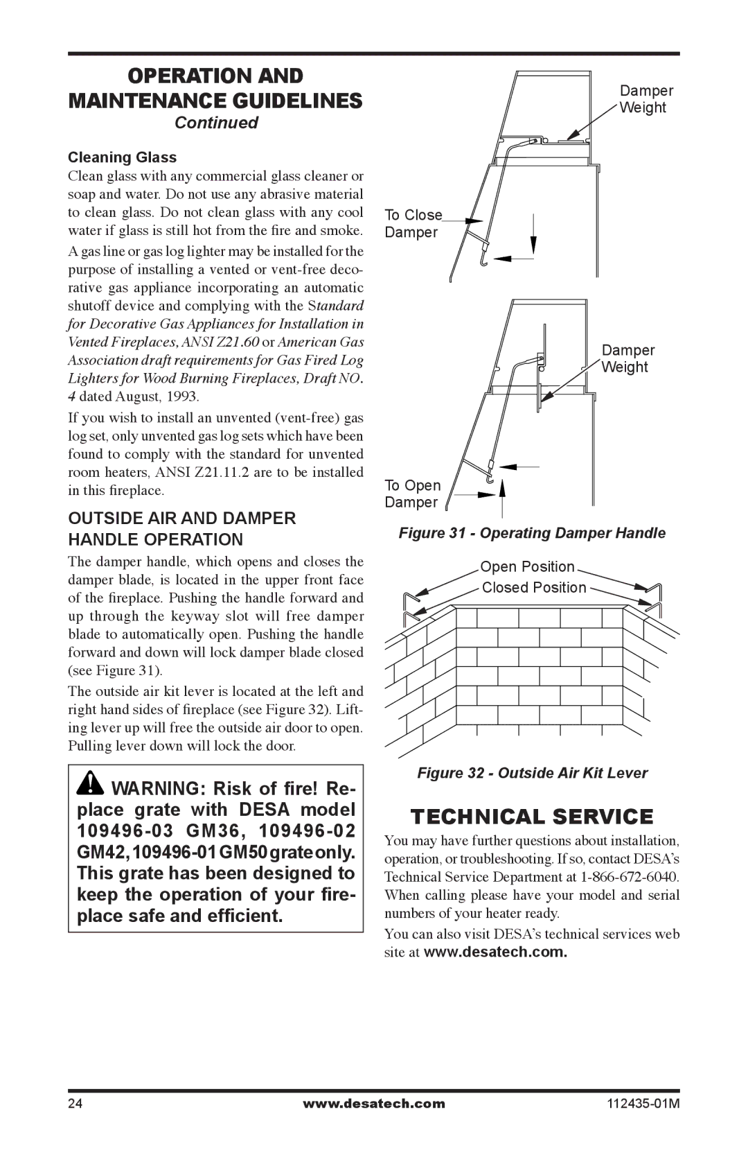 Desa (V)gM42h, (V)gM50h, (V)gM36h Technical Service, Outside air and damper handle operation, Cleaning Glass 