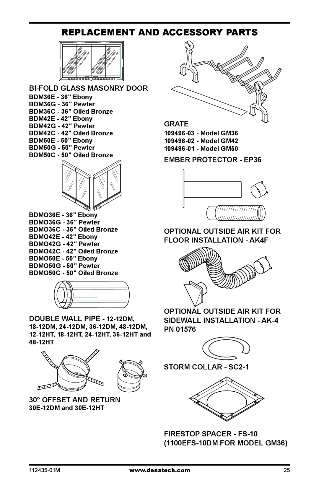 Desa (V)gM42h, (V)gM50h, (V)gM36 Replacement and Accessory Parts, Bi-Fold Glass Masonry Door, Grate, Offset and Return 