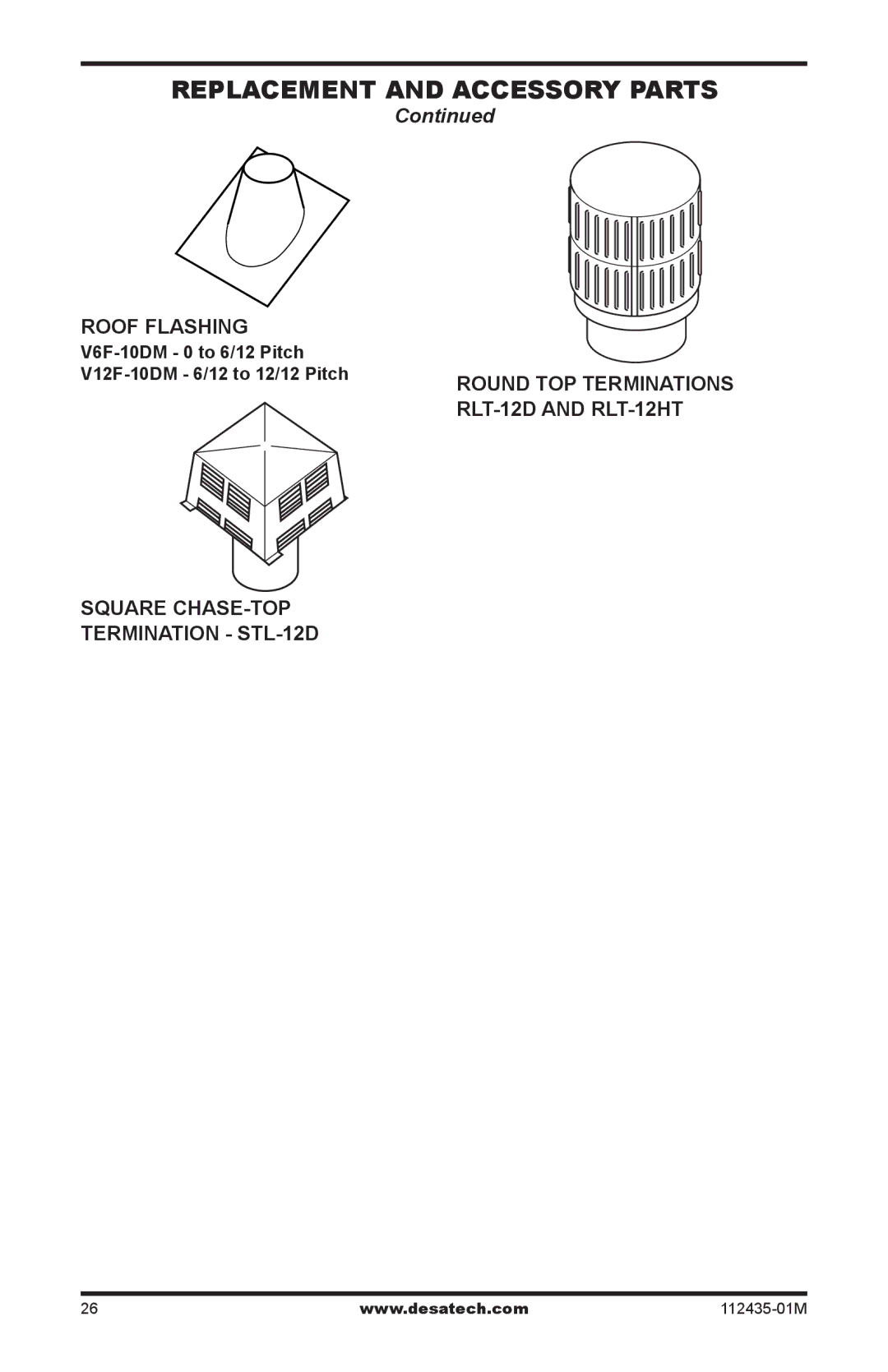 Desa (V)gM42h, (V)gM50h, (V)gM36h installation manual Roof Flashing, Round ToP TErminations RLT-12D and RLT-12HT 