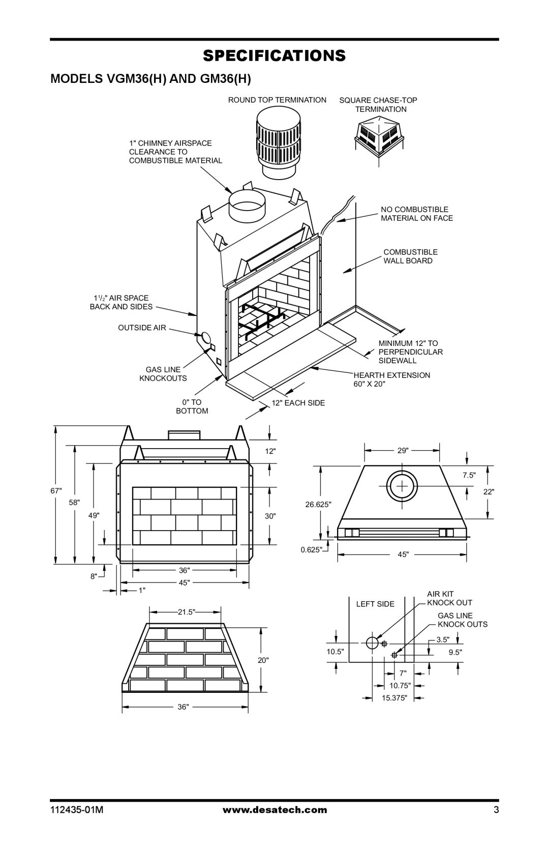 Desa (V)gM50h, (V)gM42h, (V)gM36h installation manual Specifications, Models VGM36H and GM36H 