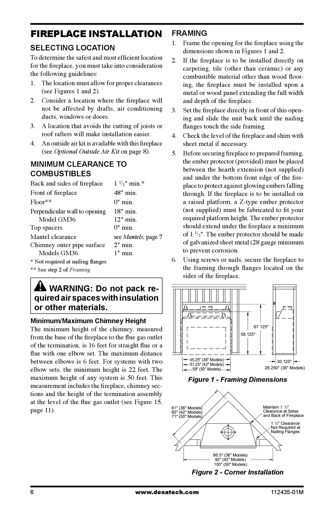 Desa (V)gM42h, (V)gM50h Fireplace Installation, Selecting location, Minimum clearance to combustibles, Framing 