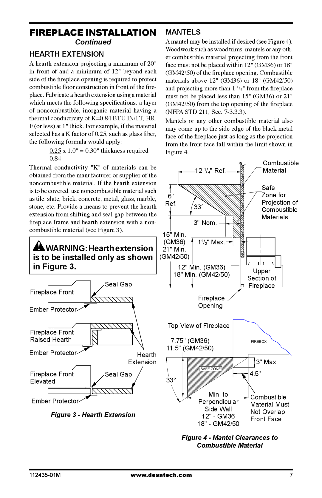 Desa (V)gM42h, (V)gM50h, (V)gM36h installation manual Hearth Extension, Mantels 