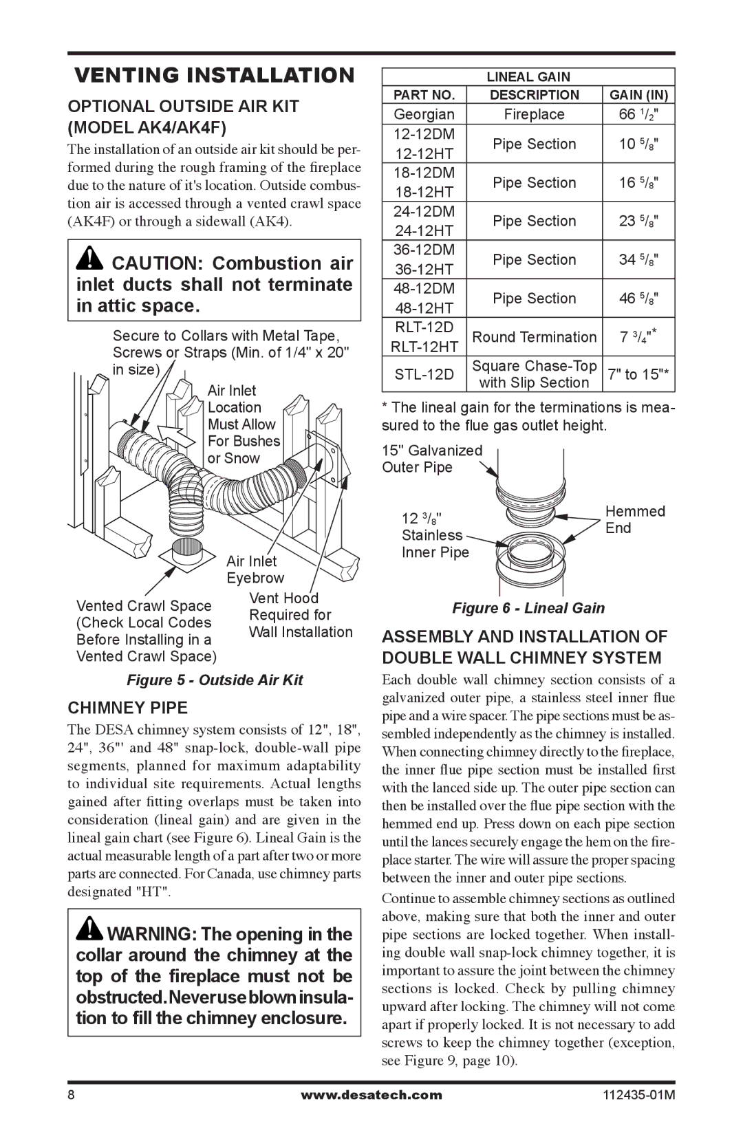 Desa (V)gM42h, (V)gM50h, (V)gM36h Venting Installation, Optional Outside air Kit Model ak4/ak4f, Chimney Pipe 