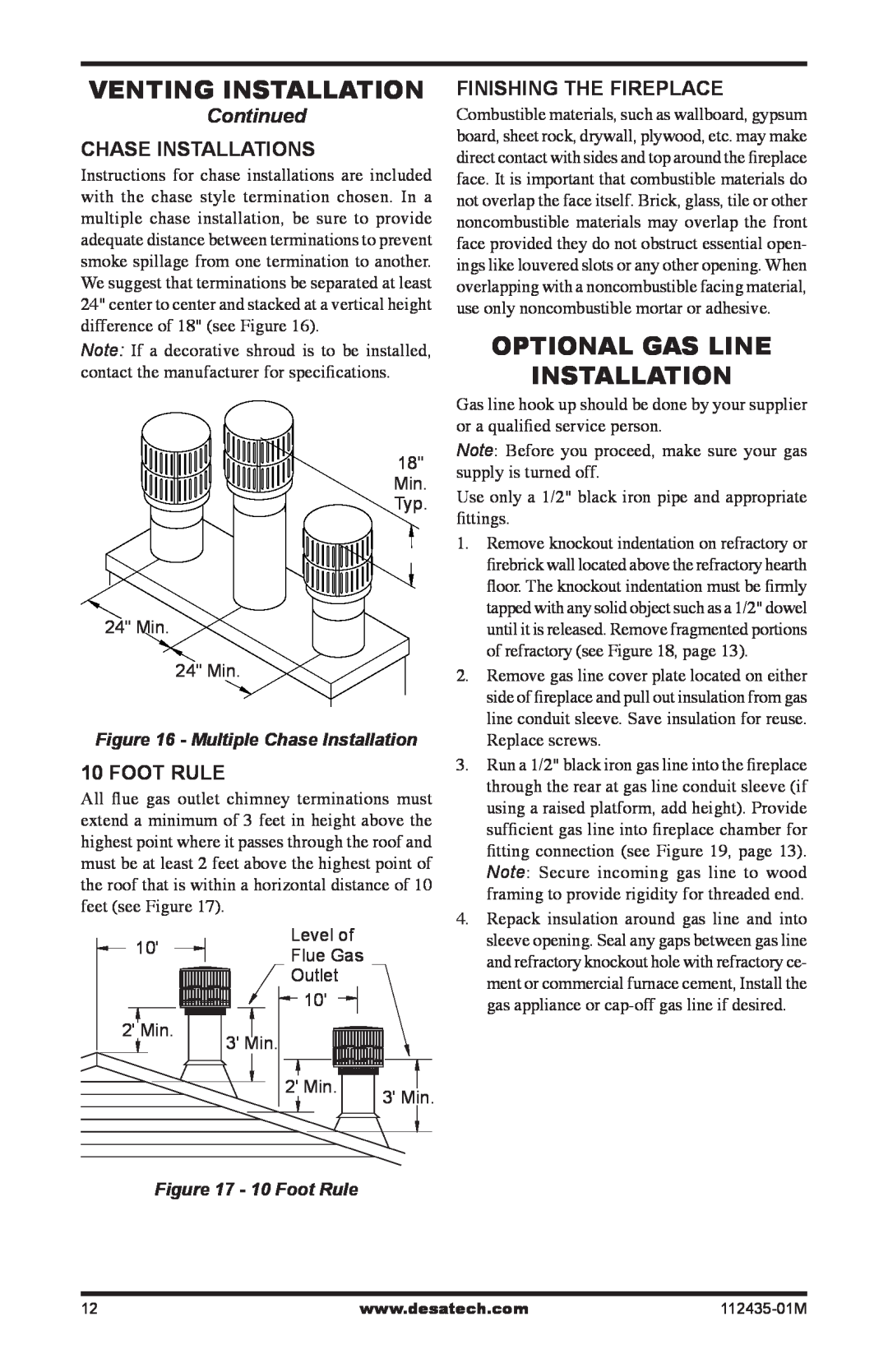 Desa (V)gM42 Venting Installation, Optional Gas Line Installation, Continued, Chase installations, foot rule, 10 Foot Rule 