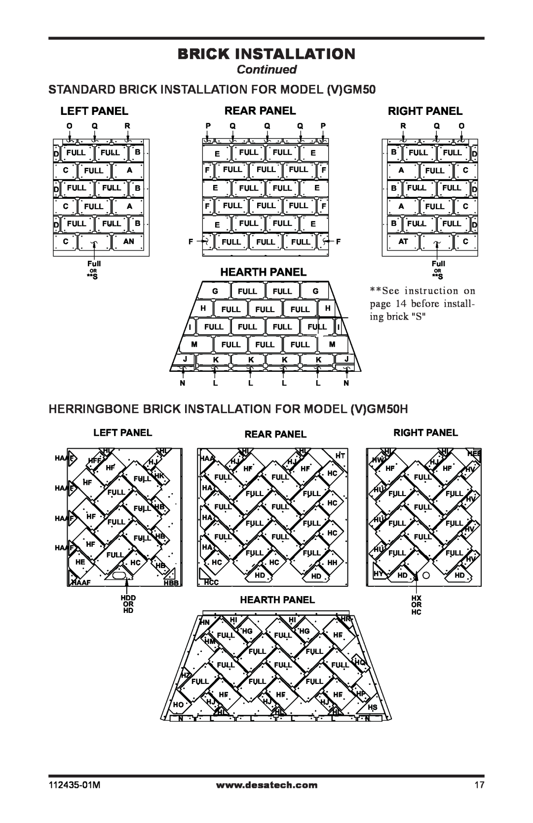 Desa (V)gM36h Continued, Standard Brick Installation for Model VGM50, Herringbone Brick Installation for Model VGM50H 