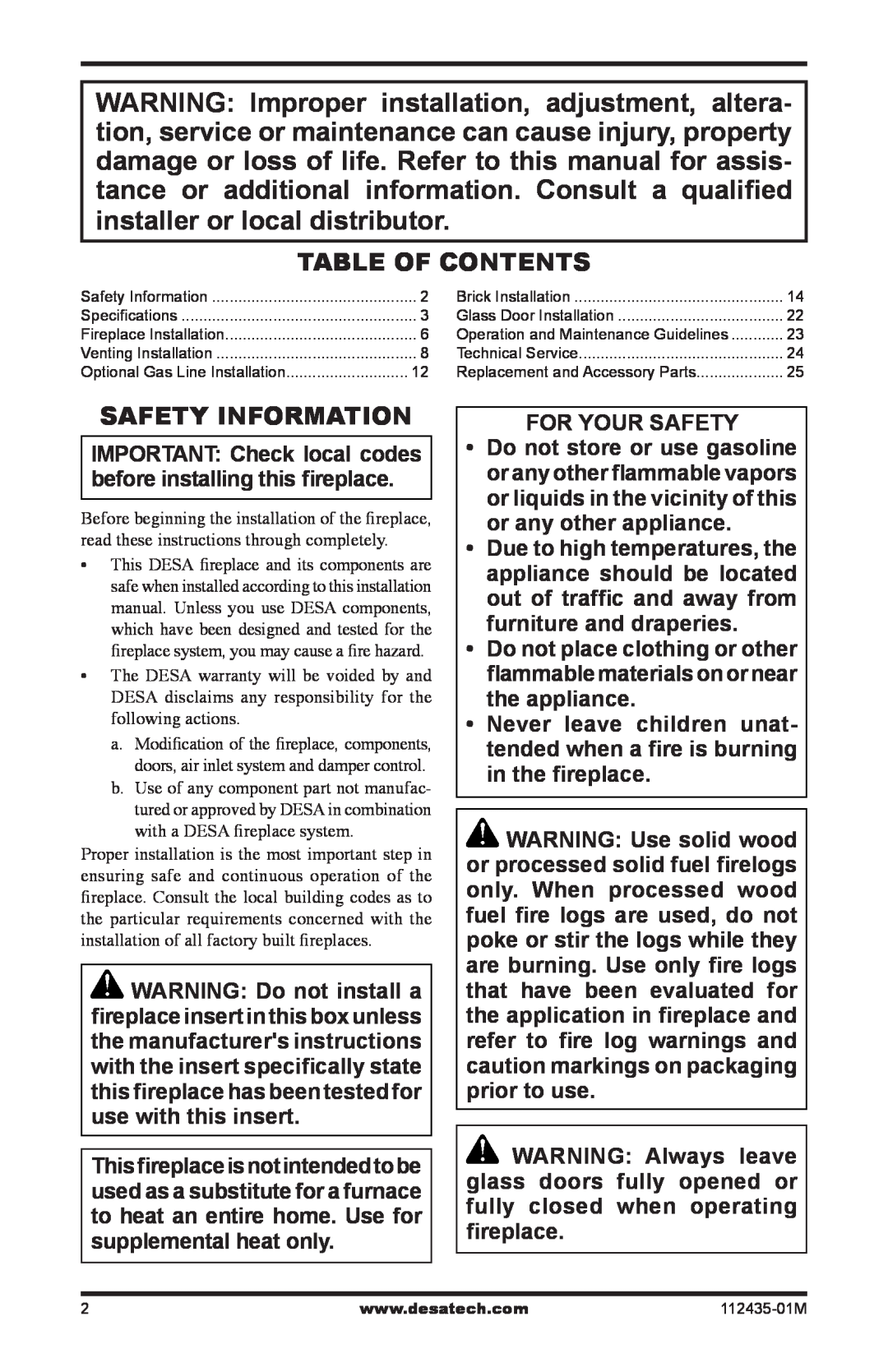 Desa (V)gM42h, (V)gM50h, (V)gM36h installation manual Table of Contents, Safety Information 
