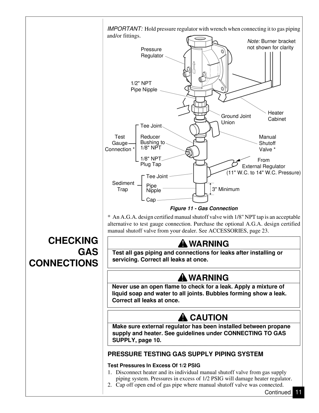 Desa VGP30 installation manual Checking GAS Connections, Pressure Testing GAS Supply Piping System 