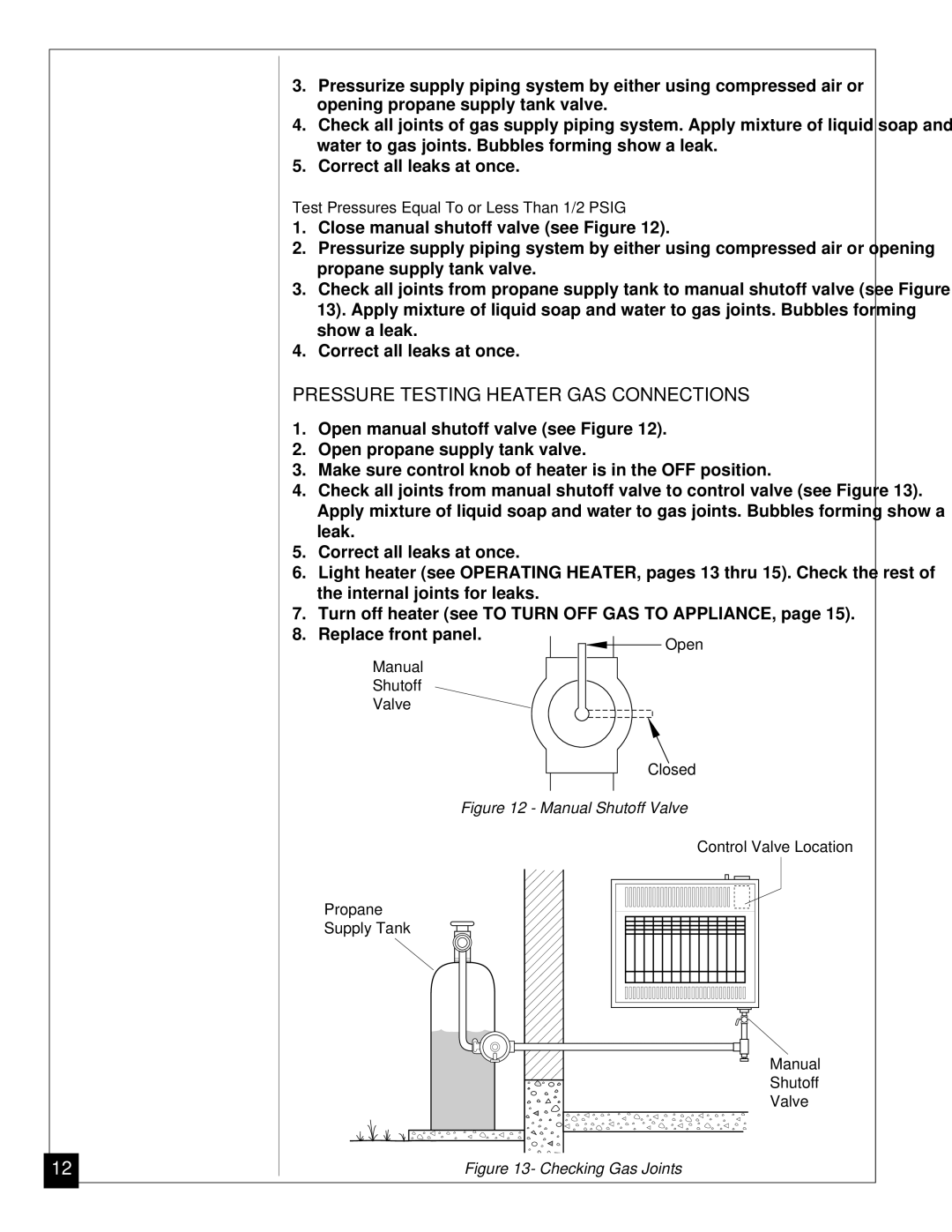 Desa VGP30 installation manual Pressure Testing Heater GAS Connections, Manual Shutoff Valve 