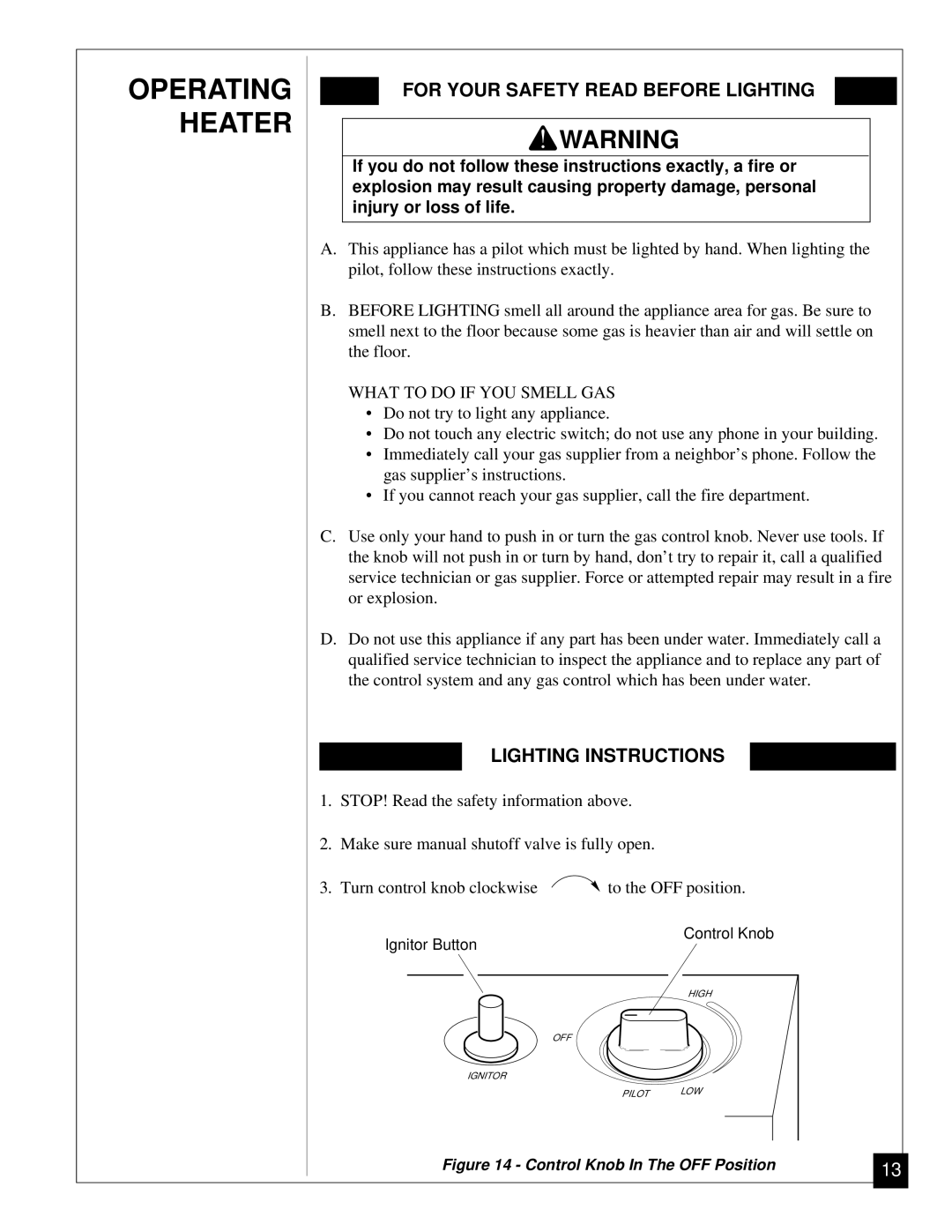 Desa VGP30 installation manual Operating Heater, For Your Safety Read Before Lighting, Lighting Instructions 