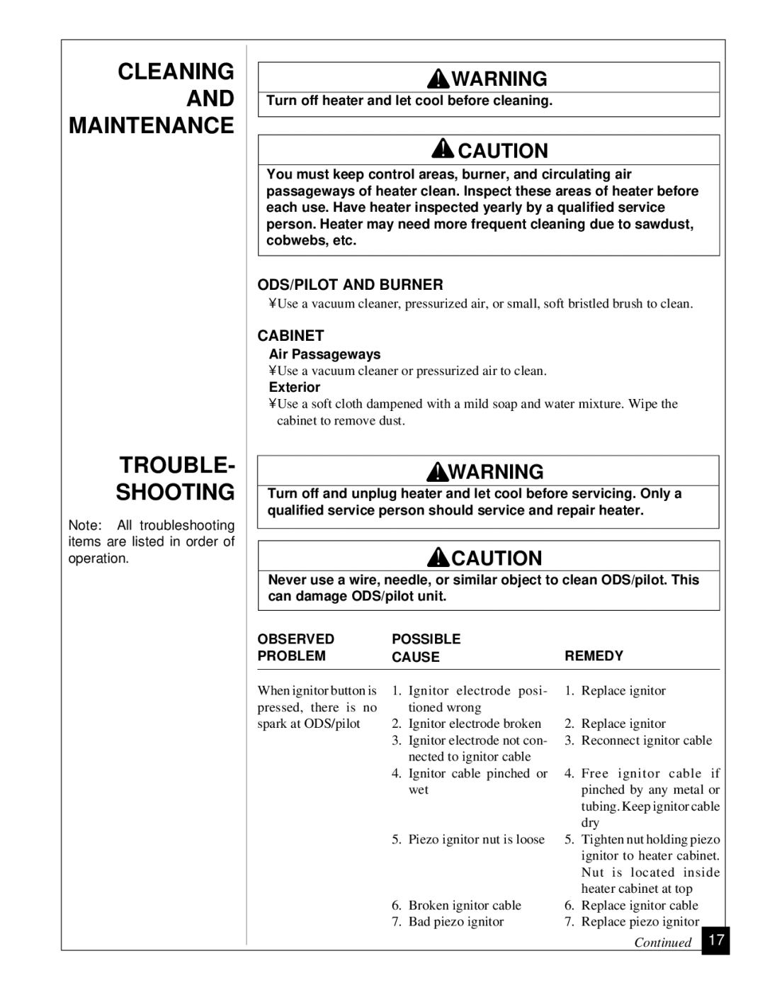 Desa VGP30 Cleaning and Maintenance Trouble Shooting, ODS/PILOT and Burner, Cabinet, Air Passageways, Exterior 