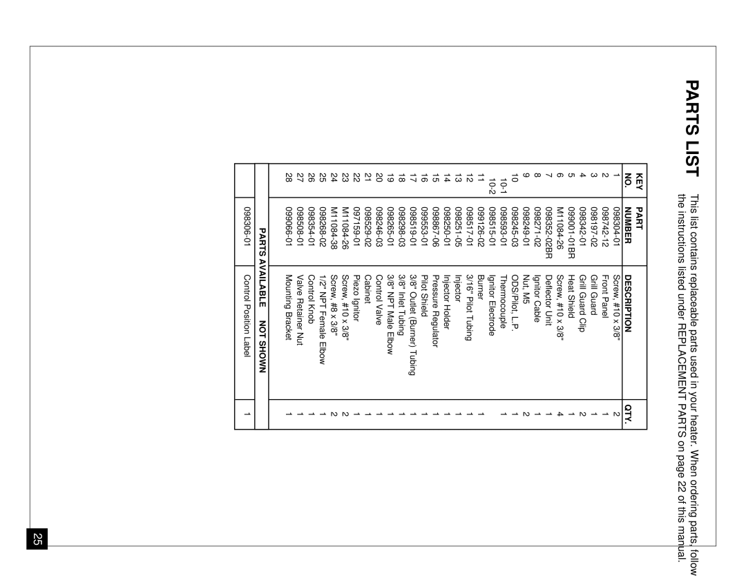 Desa VGP30 installation manual Parts List, KEY Part Number Description QTY 