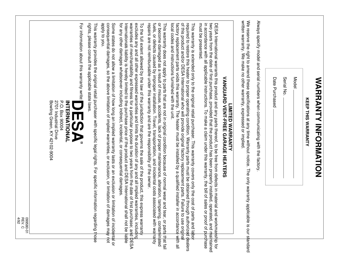 Desa VGP30 installation manual Warranty Information, International 