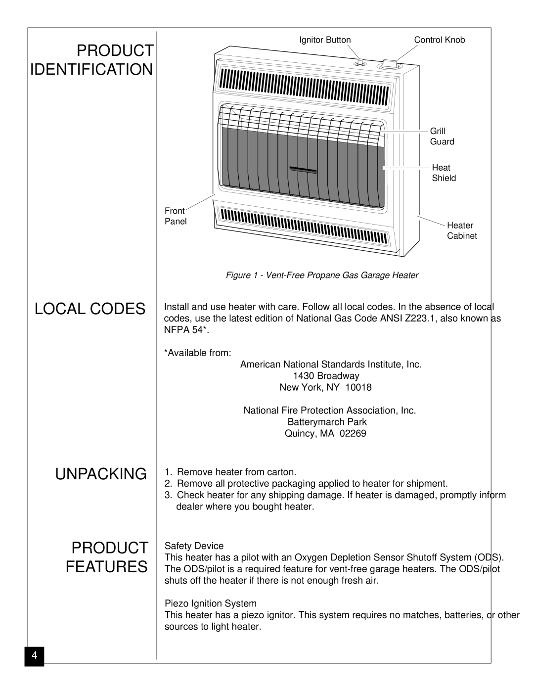 Desa VGP30 installation manual Local Codes Unpacking Product Features, Safety Device, Piezo Ignition System 