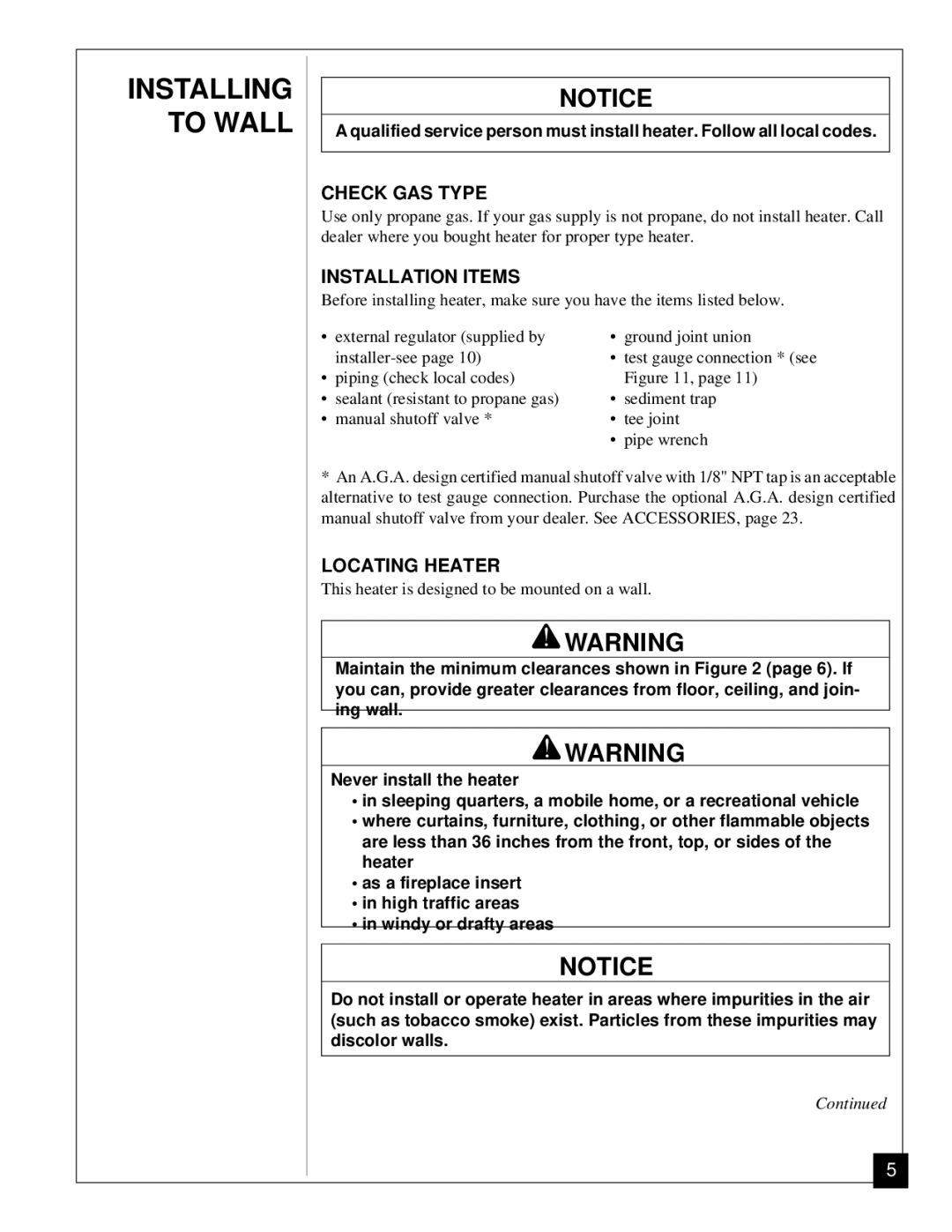 Desa VGP30 installation manual Check GAS Type, Installation Items, Locating Heater 